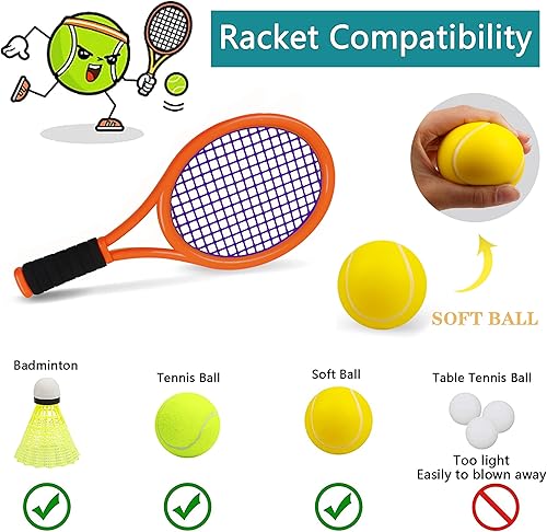 Miniatura 5 de Raqueta de tenis infantil para bebés, niños y niños de 3 a 15 años, juego de raquetas de tenis para niños pequeños que incluye 4 volantes, 2 pelotas