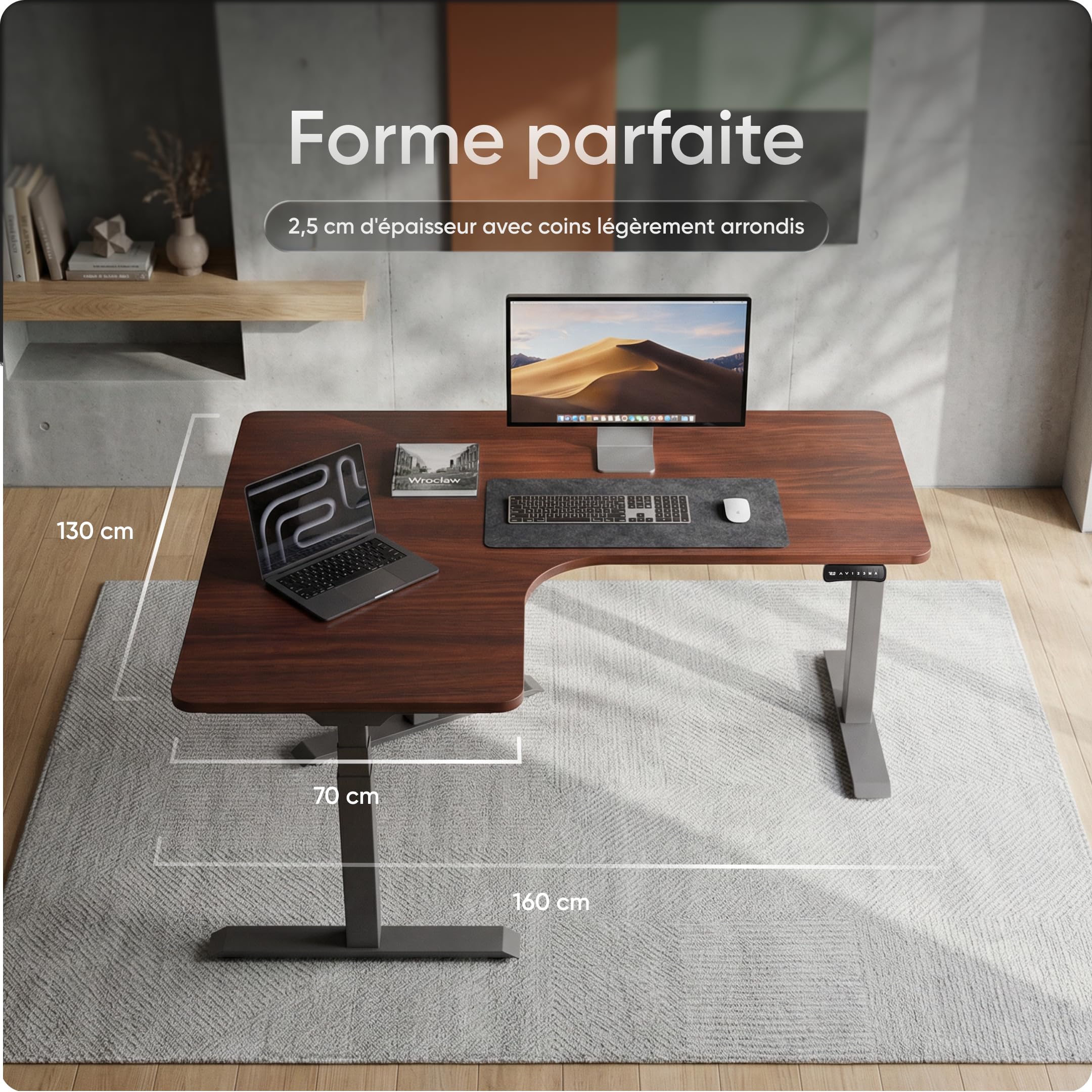 DESKSPACE Plateau de Bureau d’Angle mélaminé 160 x 130 x 70 cm, Acajou