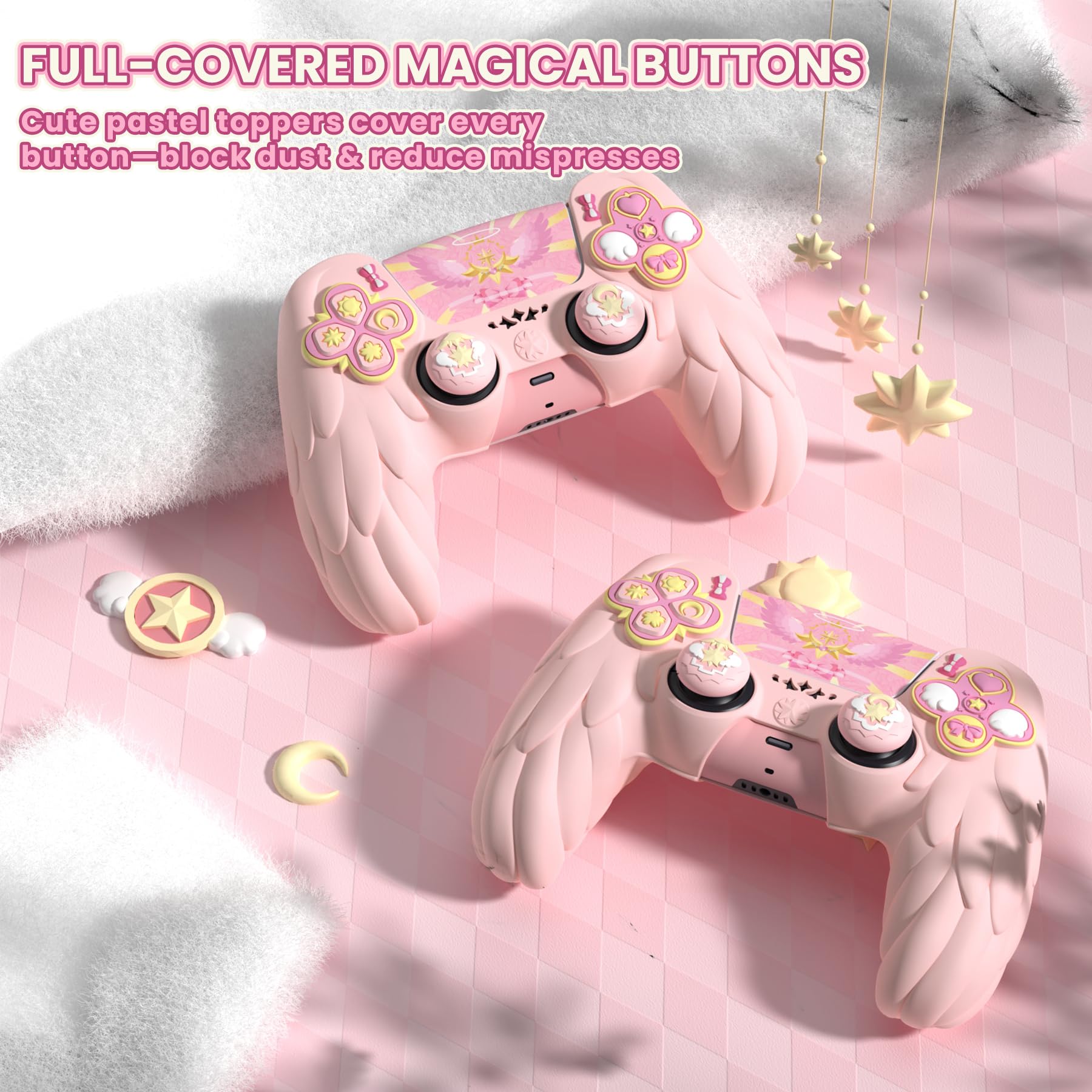 PlayVital Funda de Silicona Protectora para ps5 Mando - Carcasa Suave Antideslizante con Tapas para Joysticks y Pegatinas, Compatible con Base de Carga - Serie Magic Wings (Rosa)