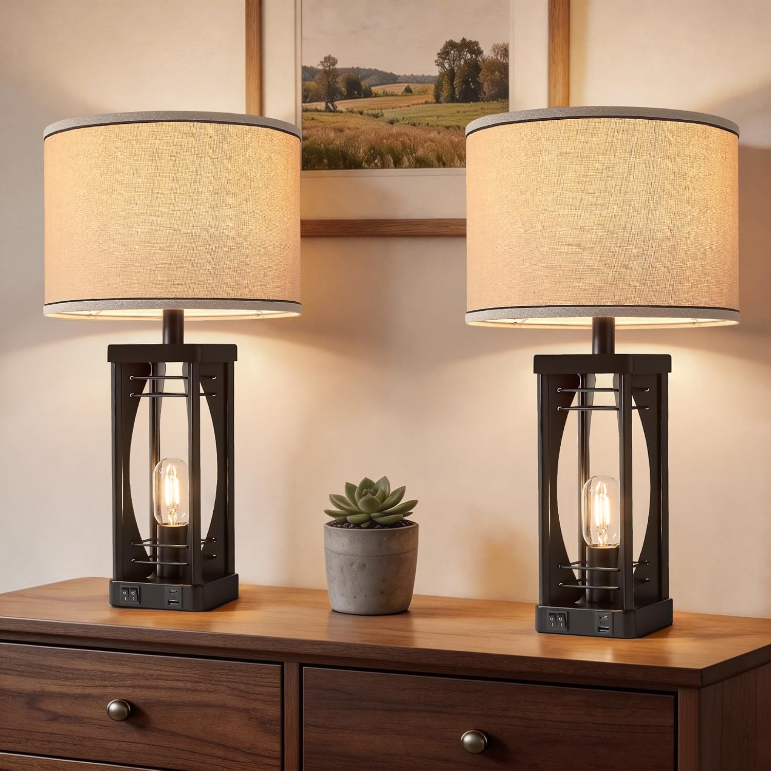 Farmhouse Table Lamps Set of 2 for Living Room, Rustic Nightstand Lamps with USB A+C Charging Ports, 22.5" Dual Light Industrial Bedside Lamp with Linen Shade for Bedroom End Tables