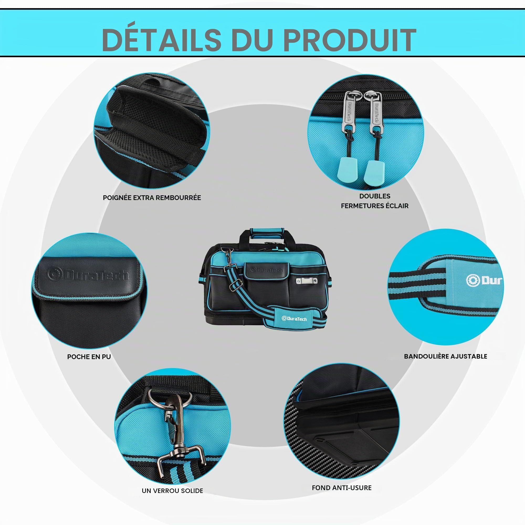DURATECH Sac à Outils 43CM avec Ouverture Large | Grand Sacoche à Outils en Tissu Oxford 840D avec 32 Poches, Fond Moulée Etanche, Bandoulière Réglable, et Conception à Clip