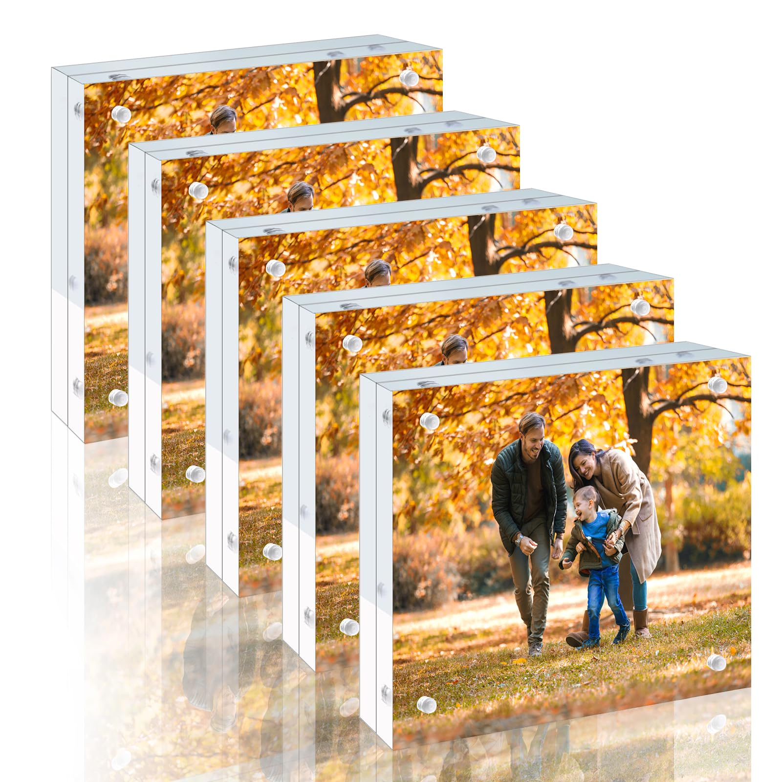 5 Pack 4x4 Acrylic Picture Frames - 20% Thicker Double Sided Magnetic Frame with UV Protection - Freestanding Clear Frameless Display for Tabletops - Modern Photo Frame Set for Home & Office Decor