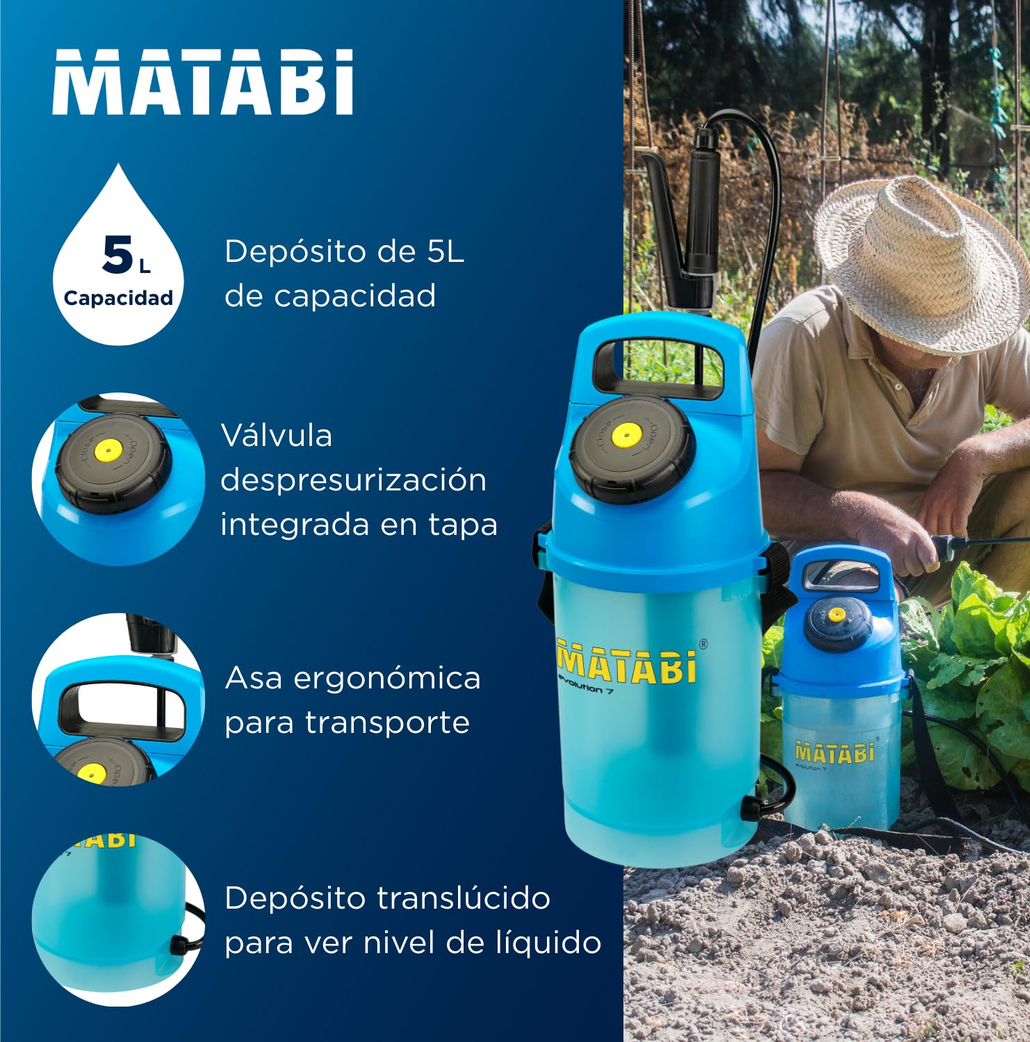 Matabi Evolution 7 - Pulverizador Plantas 5L - Lanza de Fibra de Vidrio | Sulfatadora Manual Previa Presión con Manguera de 1,3m - Tapa con Dosificador Integrado - Fumigadora para Huerto y Jardín