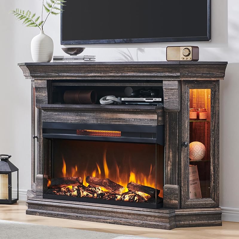 OKD 56" Farmhouse Corner TV Stand with 3-Sided Fireplace, Dark Rustic Oak image 3