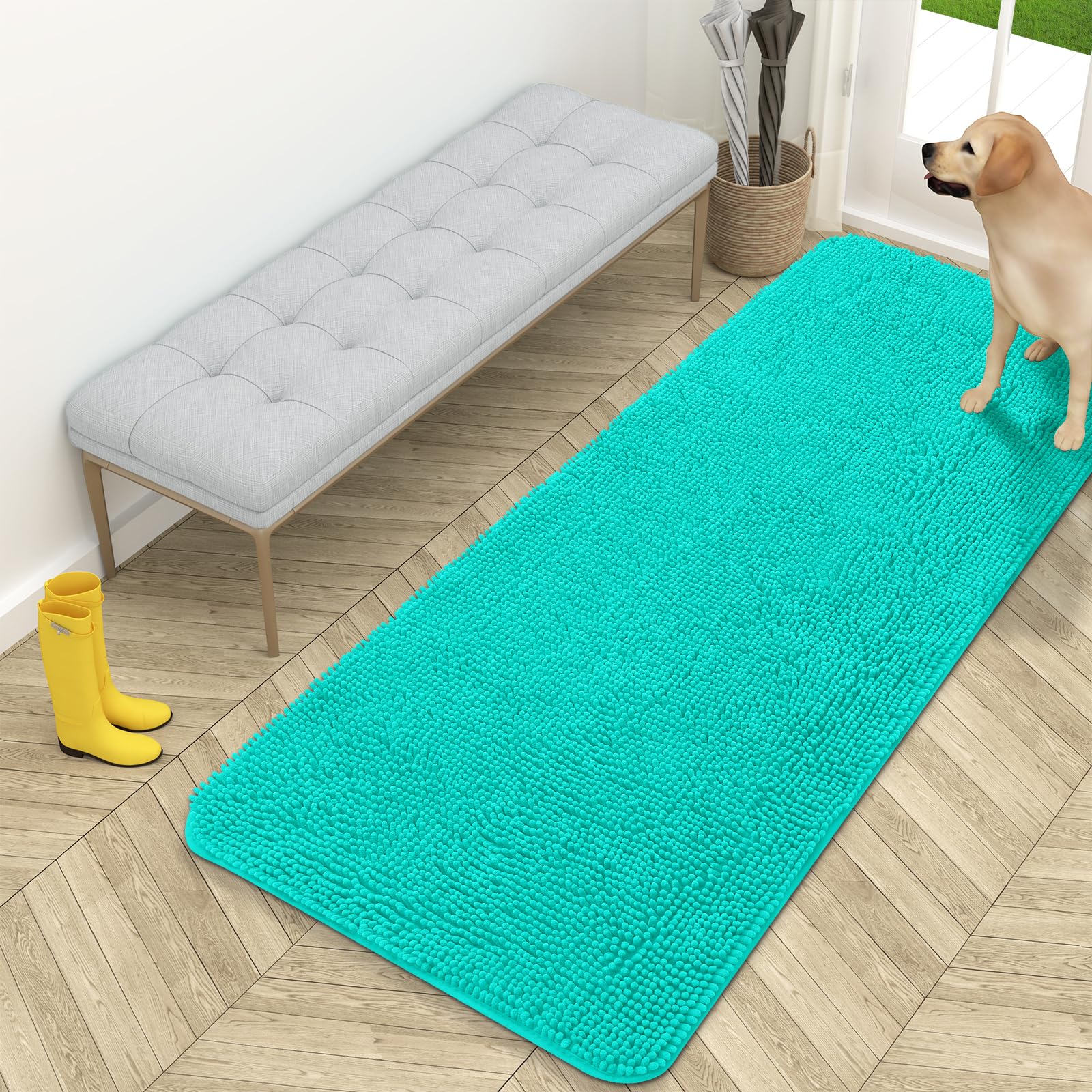 OLANLY Dog Door Mat for Muddy Paws 59x24, Absorbs Moisture and Dirt, Absorbent Non-Slip Washable Doormat, Quick Dry Chenille Mud Mat for Dogs, Entry Indoor Entryway Carpet for Inside Floor, Teal — image 1