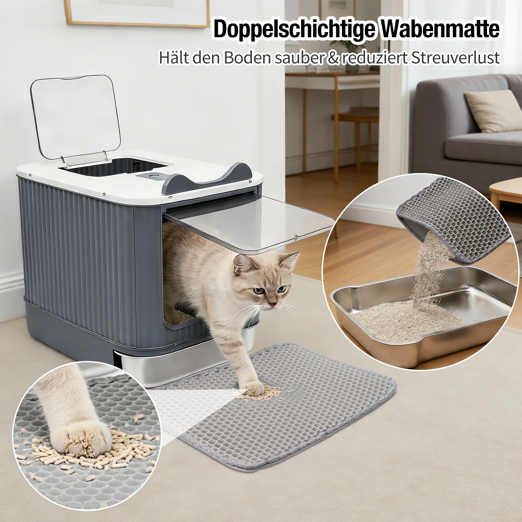 Geschlossenes Katzentoilette, Katzenklo Edelstahl mit Deckel, Katzenklo Matte und Katzenklo Schaufel, Metal Cat Litter Box für Katzen bis 5.4 kg