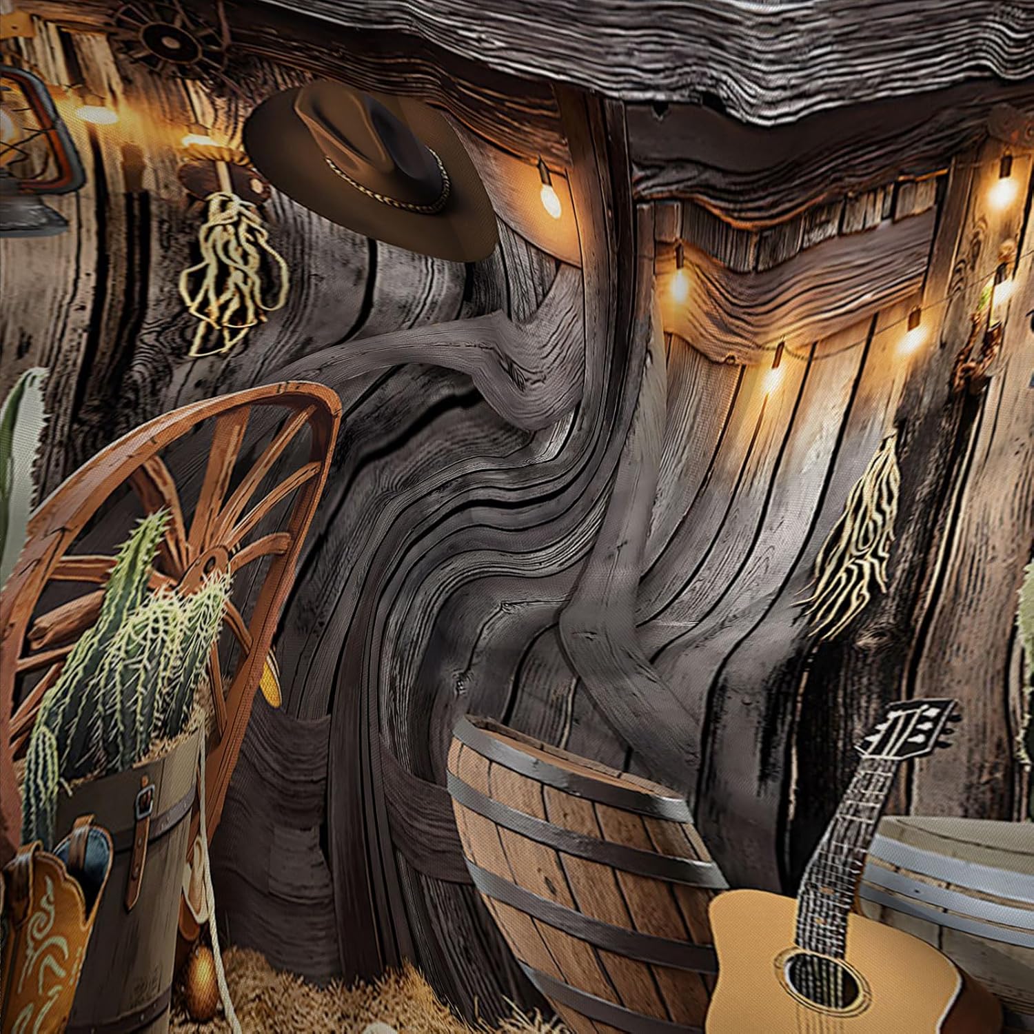 Western Cowboy Shower Curtain Farmhouse Barn Door Tropical Cactus Country Ranch Cowboy Boots Hat Lamp Guitar Rustic Wooden Board Bath Curtain Fabric Bathroom Accessories Decor with Hooks 90W x70L
