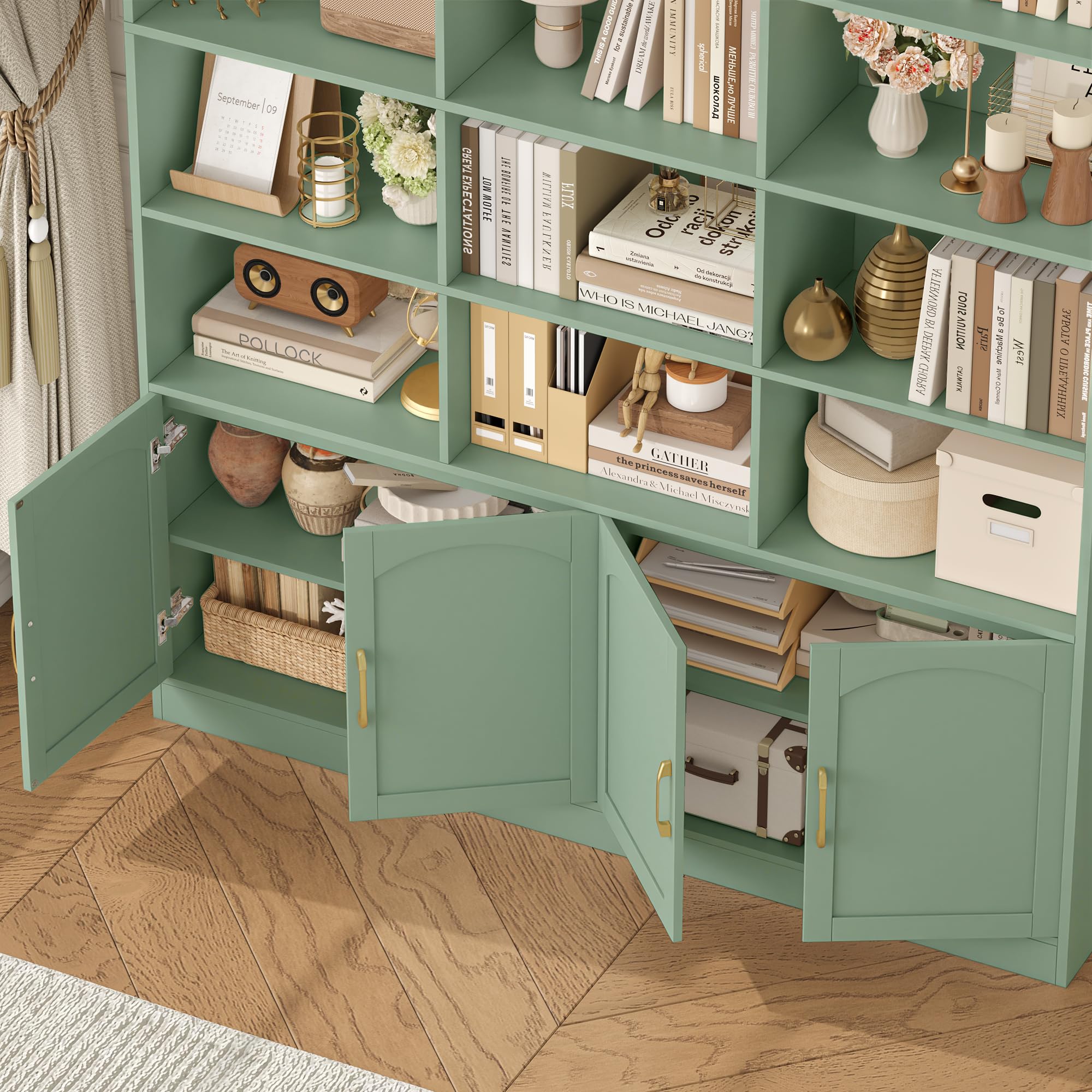 FirFurd 209 cm Libreria Verticale, Libreria da Parete a 4 Ante Verde | Vetrinetta Soggiorno a 15 Scomparti Aperti,Scaffale Portaoggetti Ampio Spazio,per Studio, Ufficio, Soggiorno,150x23.7x209cm