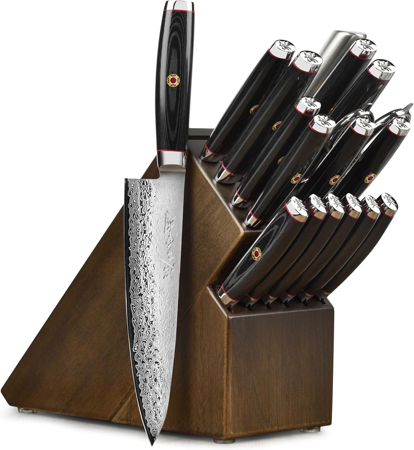 Enso SG2 18 Piece Knife Set - Made in Japan - 101 Layer Stainless Damascus with Dark Ash Knife Block