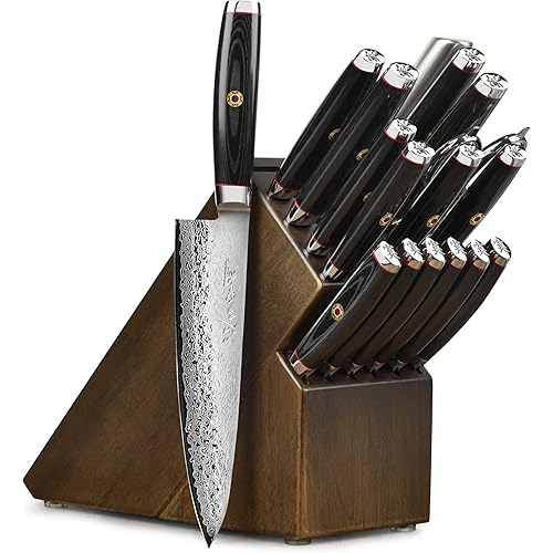 Enso SG2 18 Piece Knife Set - Made in Japan - 101 Layer Stainless Damascus with Dark Ash Knife Block