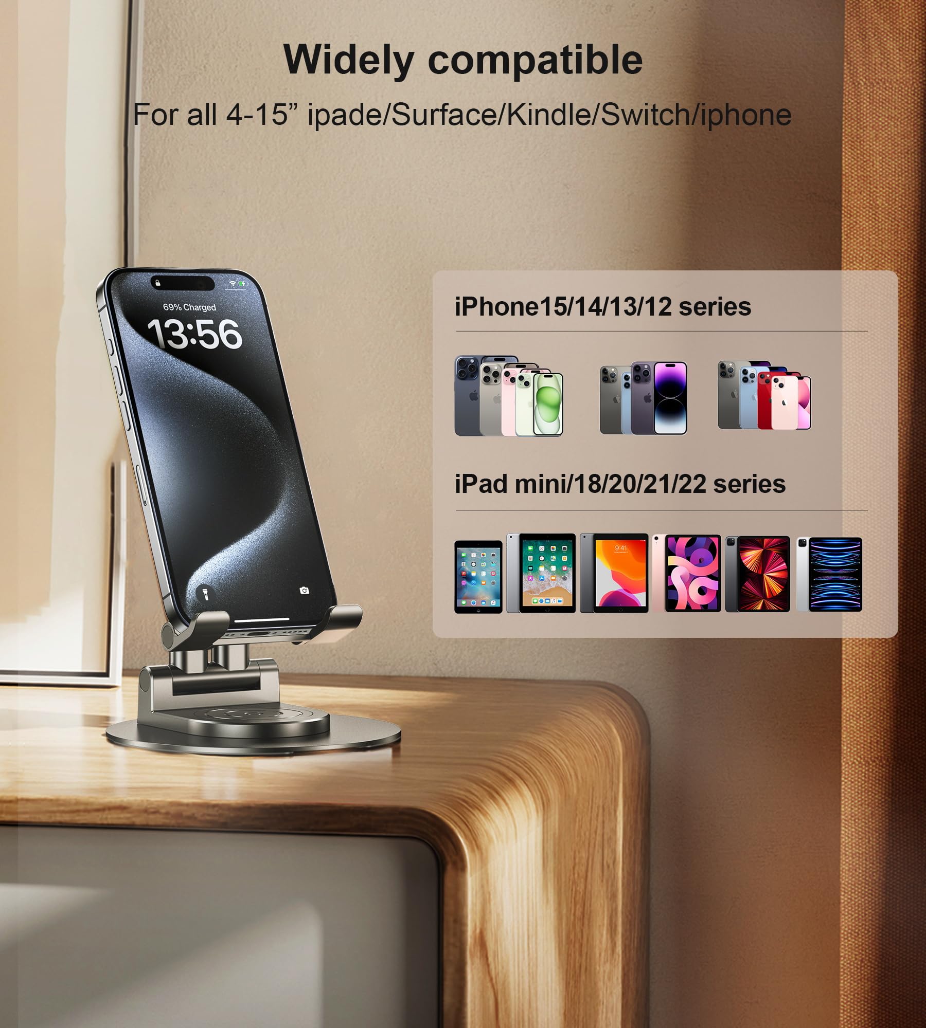 Stojak na telefon komórkowy BHHB 360° Uchwyt na Telefon Regulowany składany aluminiowy uchwyt na telefon na biurko Kompatybilny z iPhone Galaxy Huawei Redmi (Czarny)