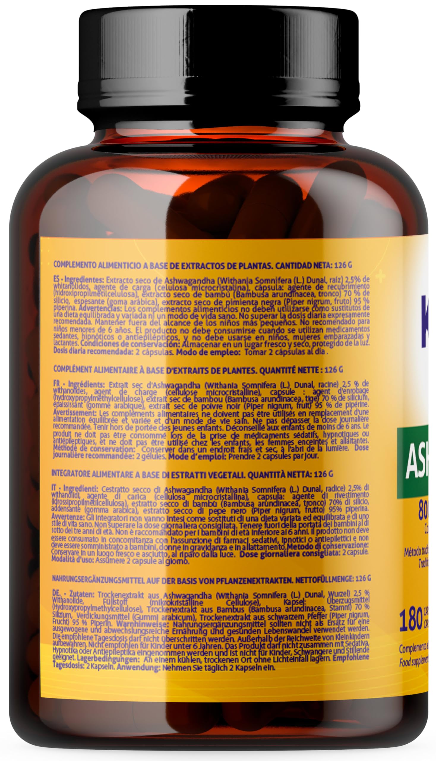 ASHWAGANDHA 800 mg – 180 Cápsulas | Extracto 10:1 con Pimienta Negra (Piperina) | Adaptógeno y Nootrópico Natural para el Estrés, Cortisol y Energía Mental – Kinoko Life