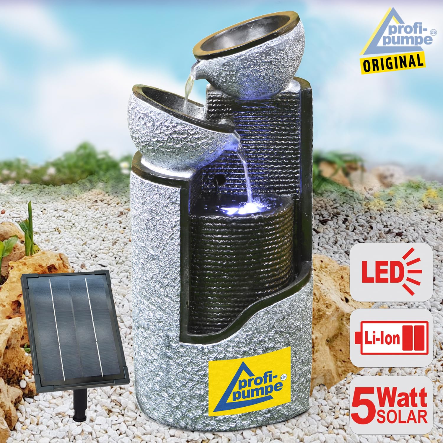 Fuente Solar Decorativa para Jardín con Bomba, Cascada y Luz - Baño para Pájaros y Estanque