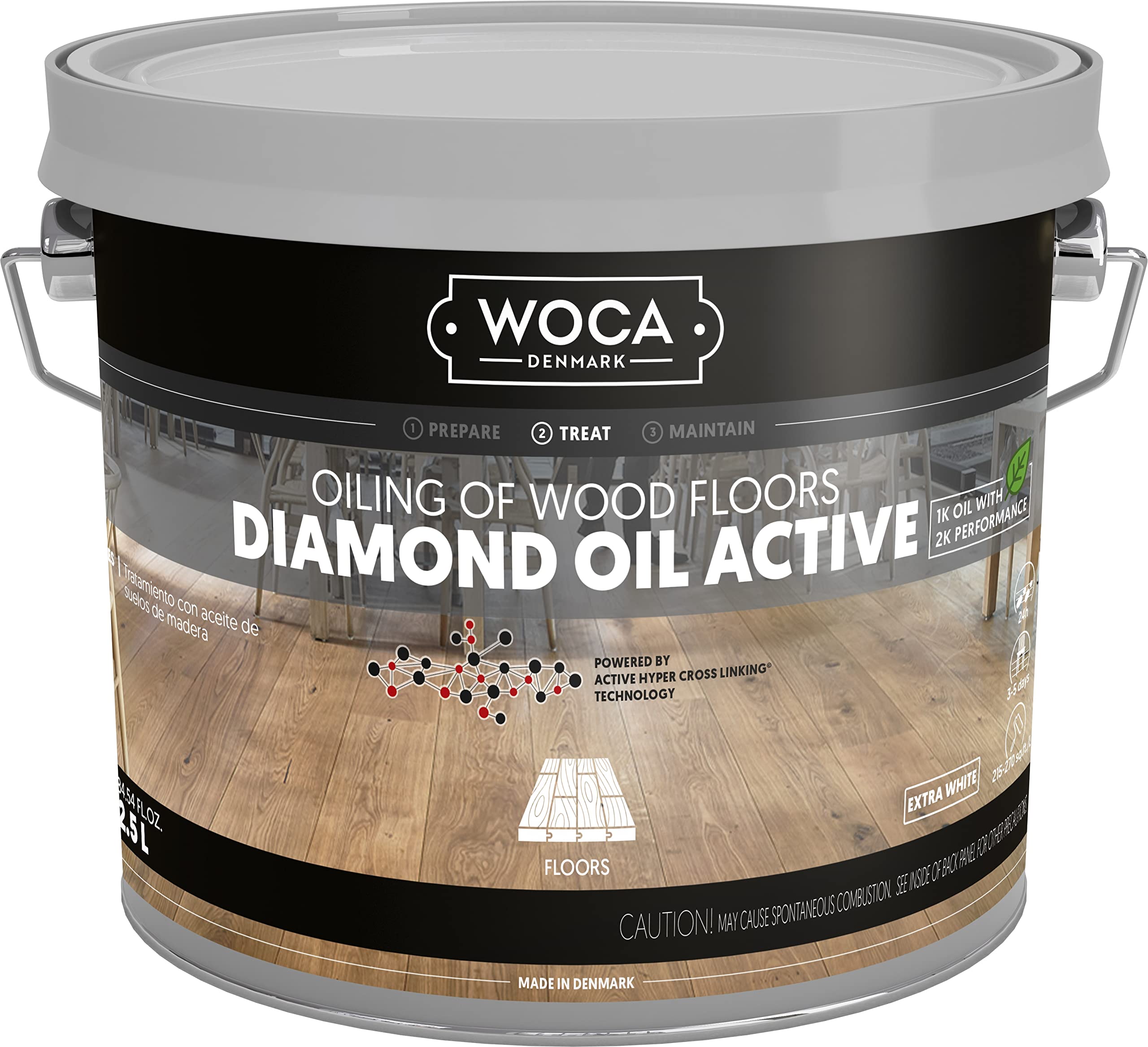 WOCA Aceite de diamante activo, extra blanco, 2,5 l, acabado de madera, aceite penetrante a base de plantas sin COV para superficies de madera sin tratar, nuevas o recién lijadas