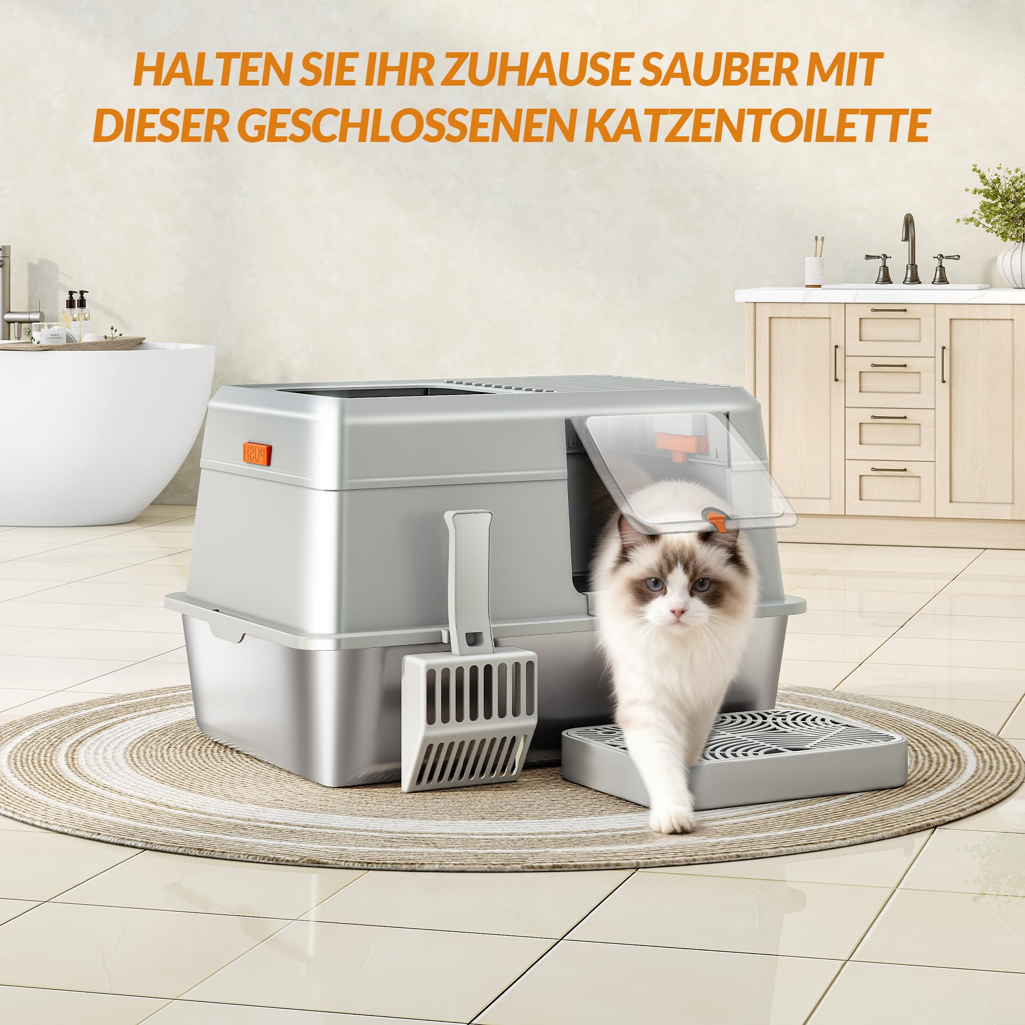 Edelstahl Katzenklo, XXL Geschlossene Katzentoilette, Hellgrau | Katzentoilette mit Deckel, Inklusive Trittstufe und Schaufel, Leicht zu Reinigen, Zwei Eingänge, Herausnehmbar FPLB204SG1