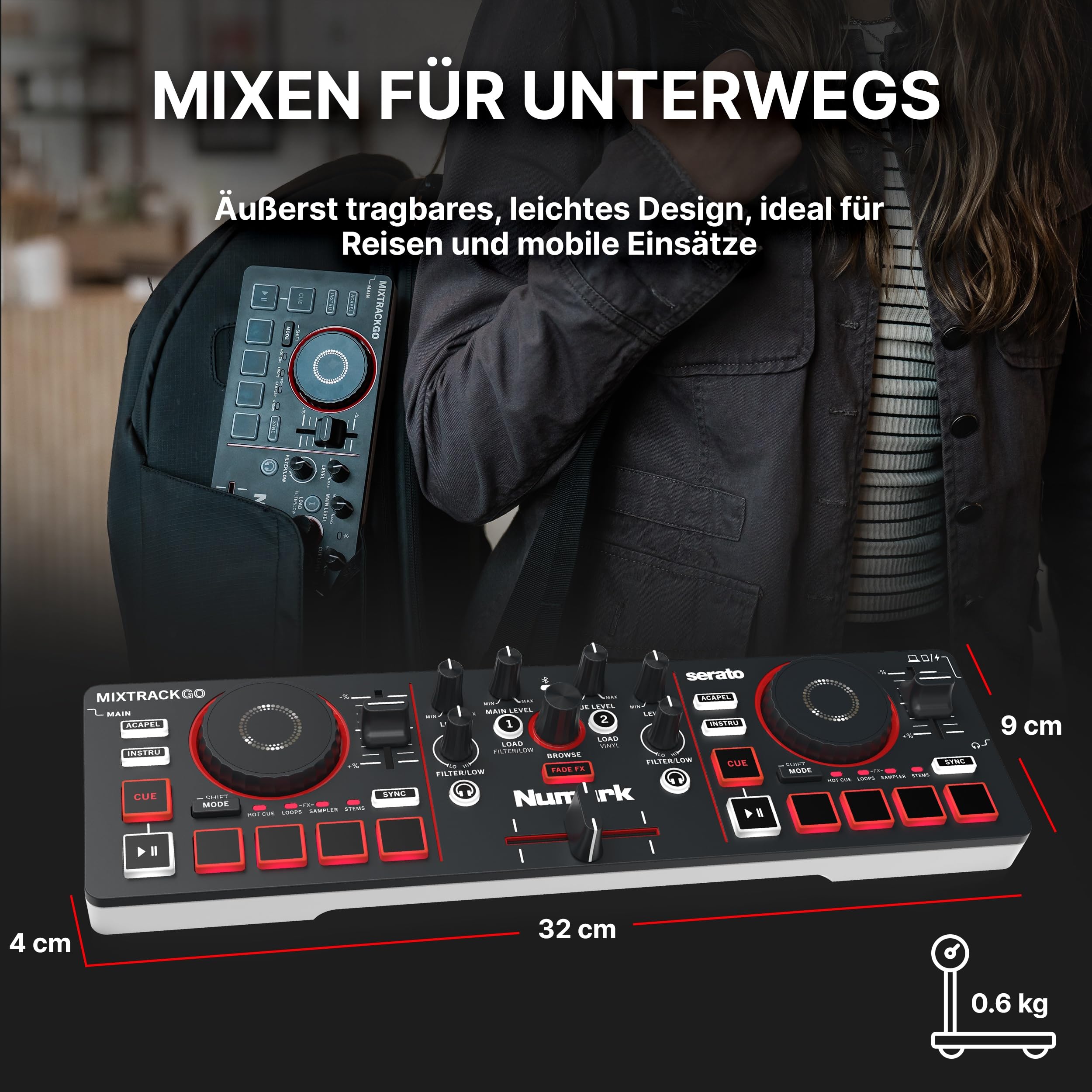 Numark Mixtrack Go Kompakter Bluetooth-DJ-Controller mit Stems-Control | 2-Deck-DJ-Mixer, für Anfänger & mobile DJs, Smart Fader, USB-C, Serato DJ Lite & Algoriddim djay, Gen 4