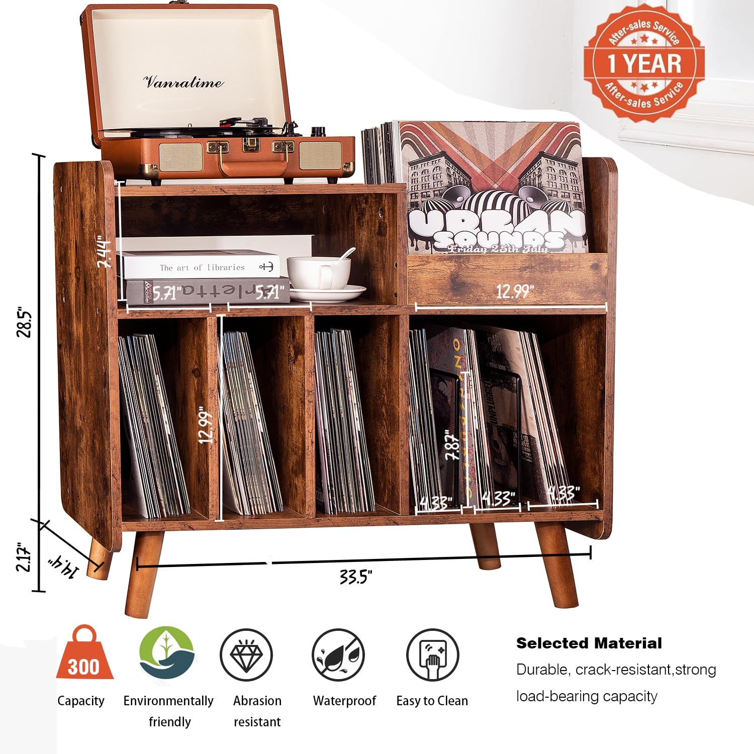 Table de tourne-disque du milieu du siècle avec rangement en vinyle pour jusqu'à 350 albums, armoire pour disques vinyles avec étagères réglables, marron