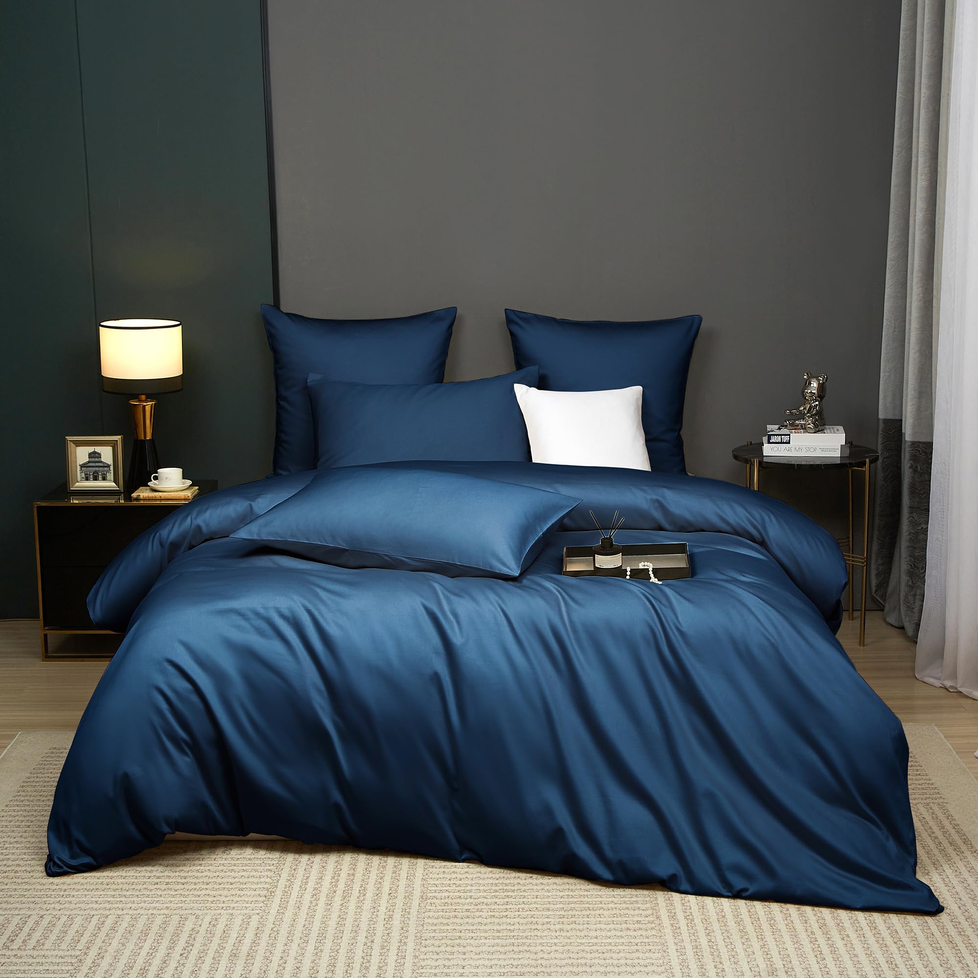 Luowei Baumwolle Bettwäsche 155x220 cm Mako Satin Dunkelblau Natürliche Ägyptische Baumwollqualität Bettbezüge Set Oeko-Tex Bettwäsche 155x220 mit Reißverschluss und 2 Kissenbezüge 80x80 cm