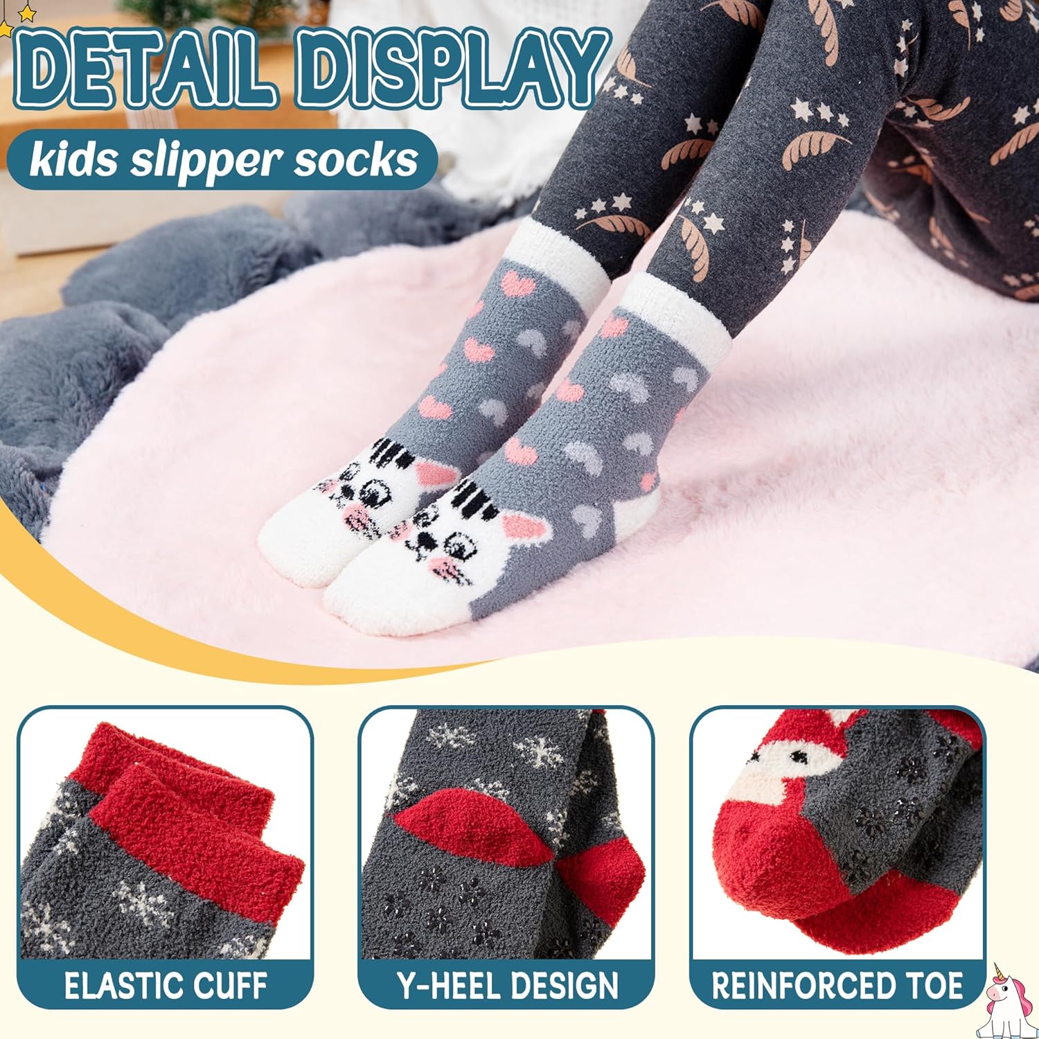 Eyean Kids Fuzzy Socks Non Slip Soft Fluffy Slipper Grips Socks Warm Plush Cozy Cabin Boy Girls Crew Socks 6 Pairs - Image 4