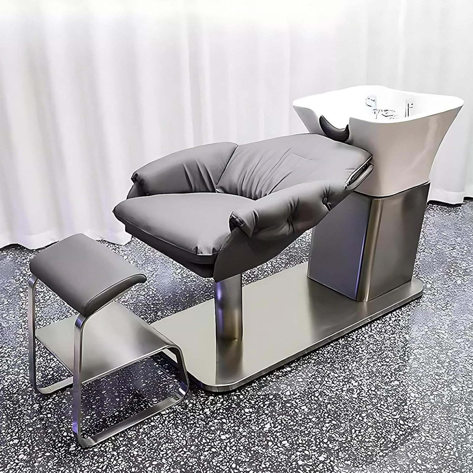 Bac À Shampoing de Coiffeur, Un Lit de Shampoing Spécial pour Salon de Coiffure, Bac À Shampoing Semi-Allongé À Chasse d'eau Haute Pression en Céramique, Idéal pour Les Salons de Beauté.