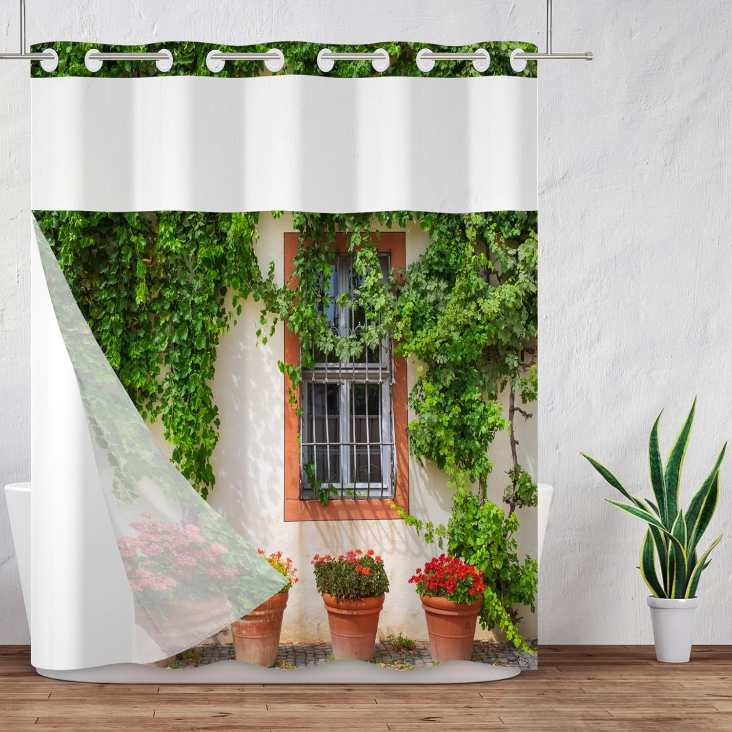 Baocicco Italy No Hook Shower Curtain with Snap in Liner Street Small Town Double Layers & Machine Washable for Easy Clean Retro Window Botanical Wall See Hotel Shower Curtain and Liner Set 71x74 Inch