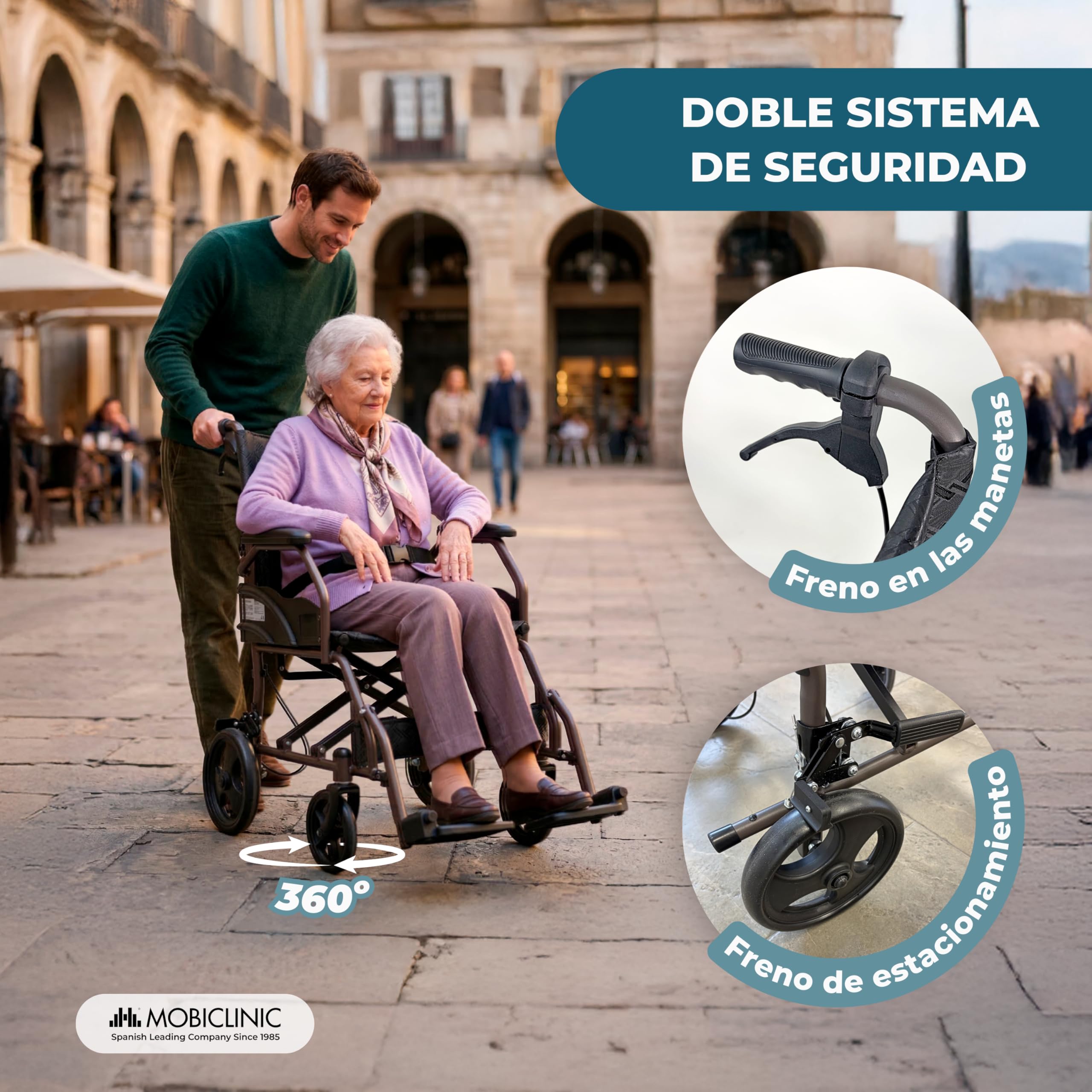Mobiclinic®, Silla de Ruedas Plegable, de Tránsito, Respaldo y Reposapiés Abatibles, Doble Sistema de Frenado, Reposabrazos Acolchados, Acero, Ligera y Compacta, Kefren