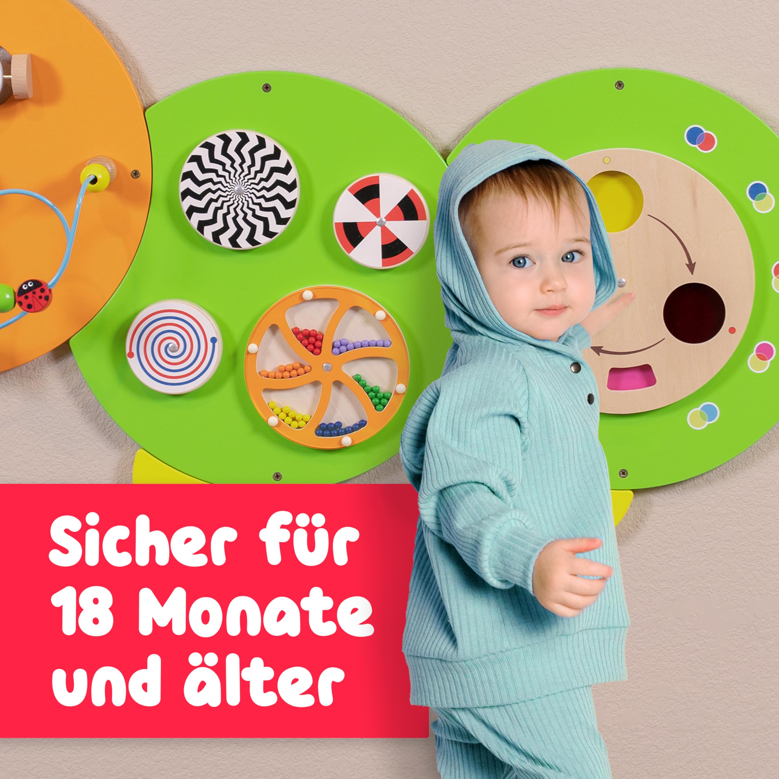SPARK & WOW Caterpillar Activity Wall Panels - Alter 18M+ - Montessori Sensorisches Wandspielzeug - 6 Aktivitäten - Aktivitätsbrett - Kleinkindzimmer Dekoration | Montessori Sensorisches Wandspielzeug, Busy Board, Kleinkindzimmer Dekoration