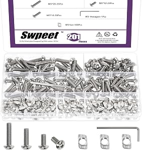 Swpeet 201Pcs M5 Nickel Plated T Nuts Screw with Hex Wrench Assortment Kit, M5×12/16/20 Button Head Hex Socket Head Cap Bolts, T Slot Nut Hammer Head Fastener for 2020 Series Aluminum Profile Groove