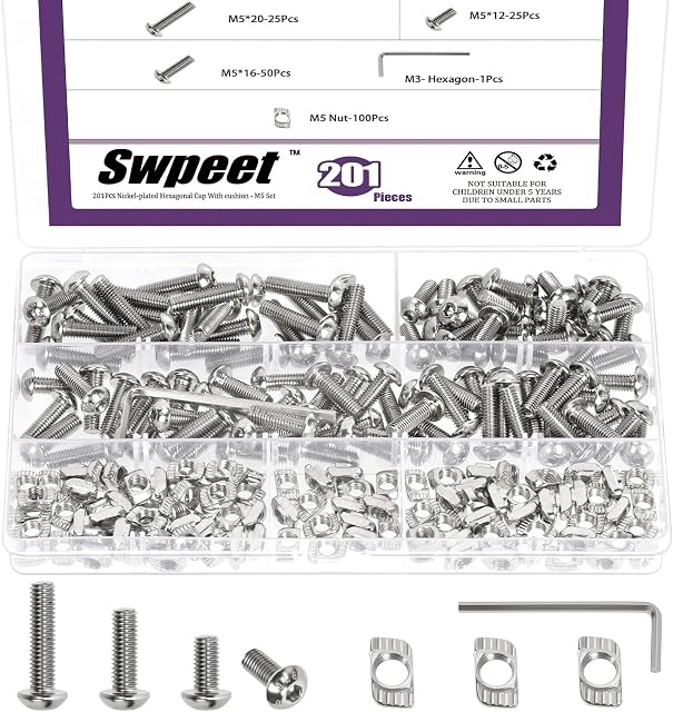 Swpeet 201Pcs M5 Nickel Plated T Nuts Screw with Hex Wrench Assortment Kit, M5×12/16/20 Button Head Hex Socket Head Cap Bolts, T Slot Nut Hammer Head Fastener for 2020 Series Aluminum Profile Groove