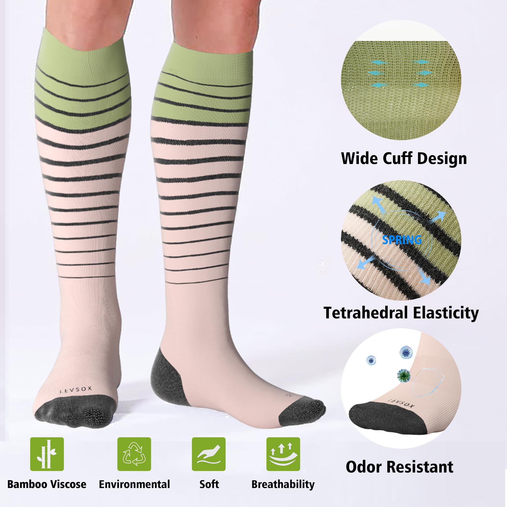 LEVSOX Calcetines de compresión de viscosa para mujeres y hombres, 20-30 mmHg, hasta la rodilla, bonitos calcetines de apoyo para enfermeras, embarazadas, viajes