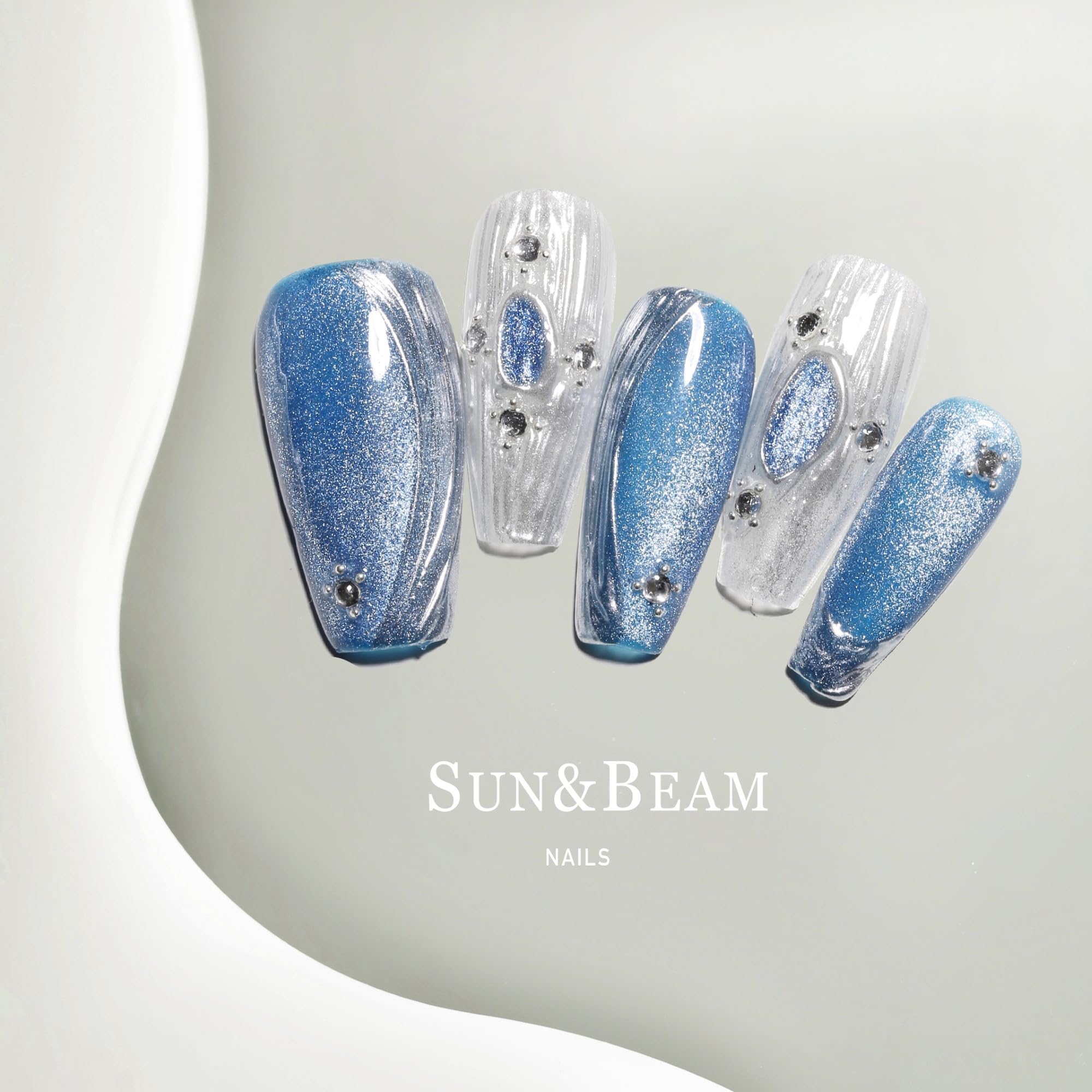 Sun&Beam Nails Handmade Press-on Medium Long Coffin Nails Silver White Blue False Nail Tips Design Baroque Style Fashionable 10 Pcs Set (#154 M) - Image 3