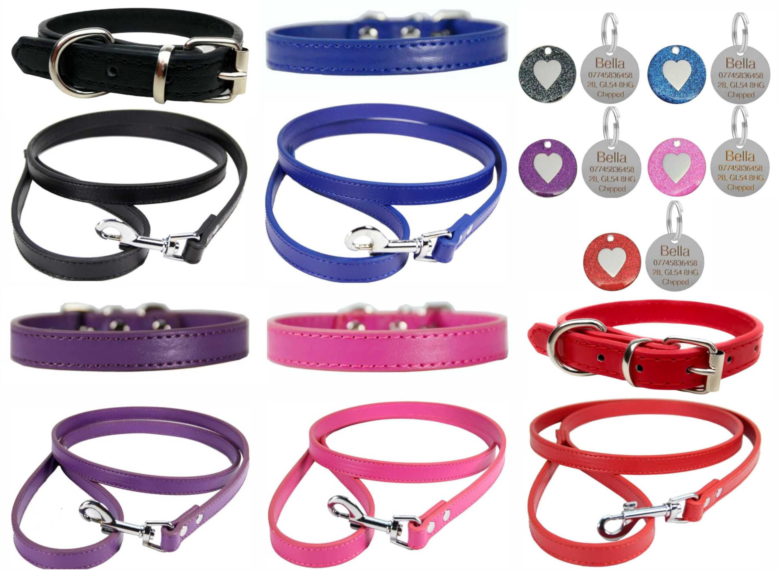 Vibrant Leather Dog Collar & Lead Combo Set for Puppy, Dogs Small, Medium & Large With Personalised Engraved Round Glitter Heart Tag (X-Large (45cm - 55cm Neck), Red)