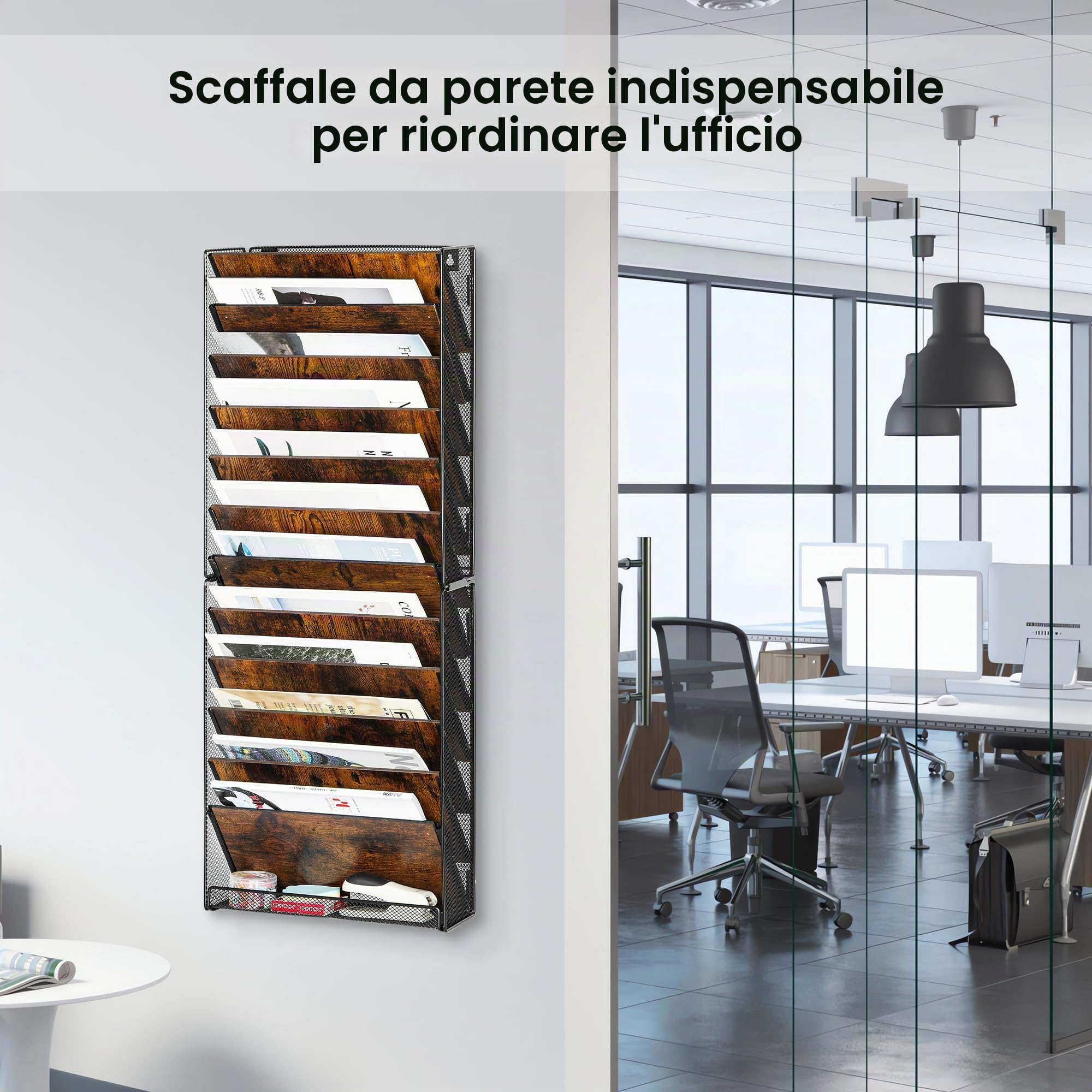 Organizer Documenti da Parete 12 Ripiani, Metallo Portariviste A4 Multifunzione per Scrivania - Contenitore Portabrochure con Design Compatto per Casa e Scuola, Nero/Anqitue