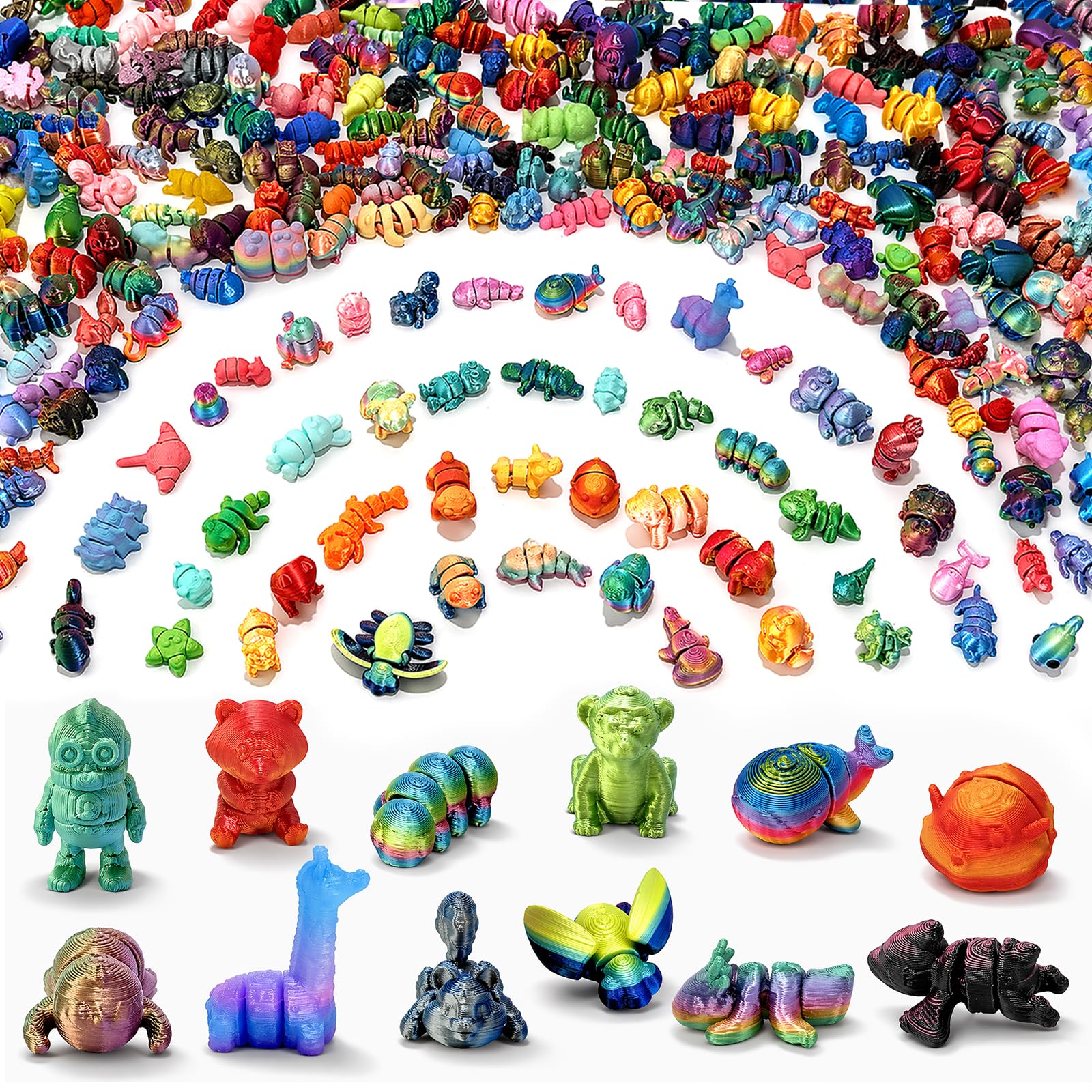 Photo 1 of ** MISSING PIECES**** 200Pcs Shimmery Rainbow Random 3D Printed Mini Animal Figurines, Flexible Articulated Rainbow Animals for Party Favors, Classroom Rewards, Carnival prizes, Gifts, Collecting, and Display