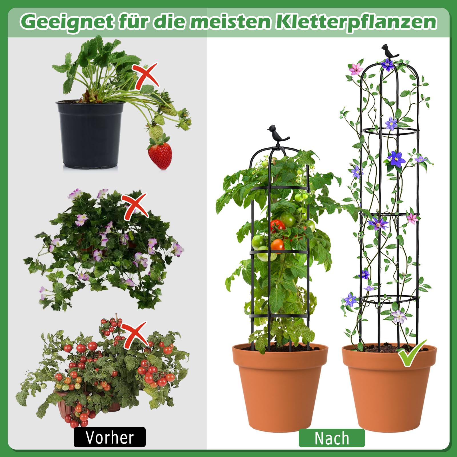 Hysagtek Rankhilfe Garten,145cm Obelisk Rankhilfe Brombeeren für Pflanzen Rankhilfe Rosen,Abnehmbar Glasfaser Rankturm mit 20 Stück Pflanzenklammer für Rosen Blumen und Tomaten Kletterpflanzen