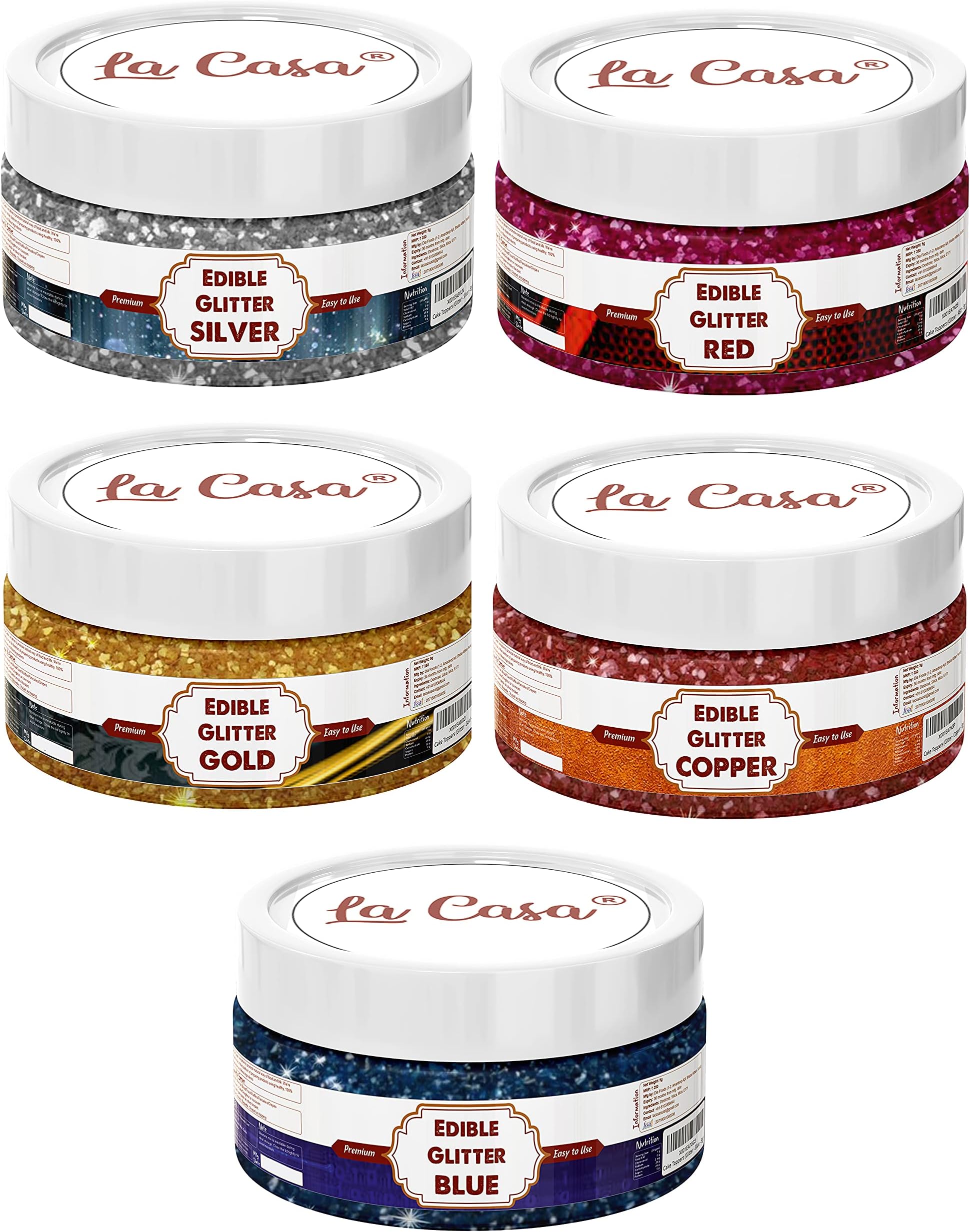 - La Casa Premium Edible Glitter - SILVER,GOLDEN,RED,BLUE,COPPER | Pack of 5 | Metallic Glitter Ideal for Cake Icing Decoration & Garnishing | 5x9gm |