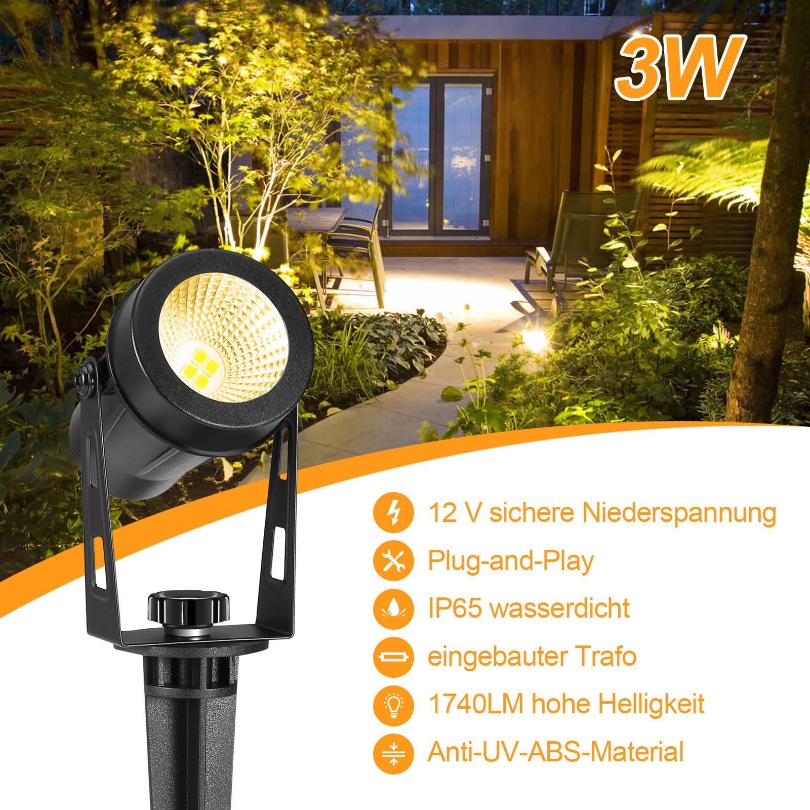 ECOWHO Gartenleuchte LED 12V 3W Gartenstrahler mit Erdspieß und Stecker IP65 Wasserdicht Gartenbeleuchtung Gartenspots mit Kabel für Außen Garten Rasen (Warmweiß 6er-Pack)