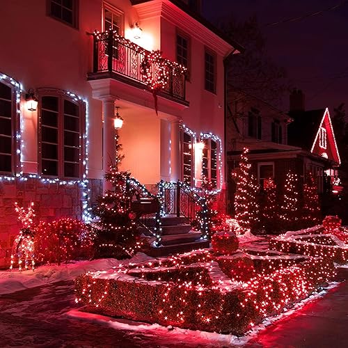 Miniatura 4 de QITONG Paquete de 2 luces solares rojas cadena de luces solares para exteriores impermeables de 33 pies 100 LED 8 modos de alambre plateado luces