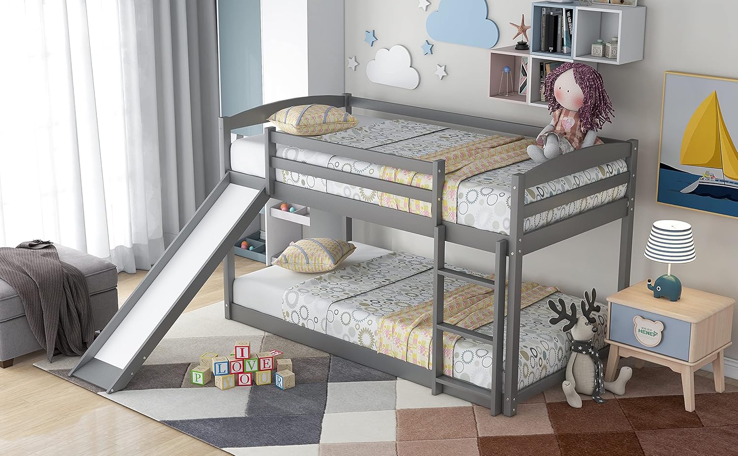 Bunk Bed with Slide and Storage Drawers, Twin Over Full, Gray