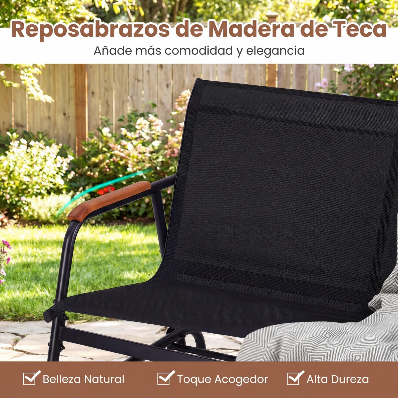 COSTWAY Banco Balancin de 2/3 Plazas, Banco Deslizante con Asiento Largo y Reposabrazos Curvos de Teca, Tela Transpirable, Jardin Terraza Exterior, Carga 300/450kg (Negro,74 x 169 x 84 cm)