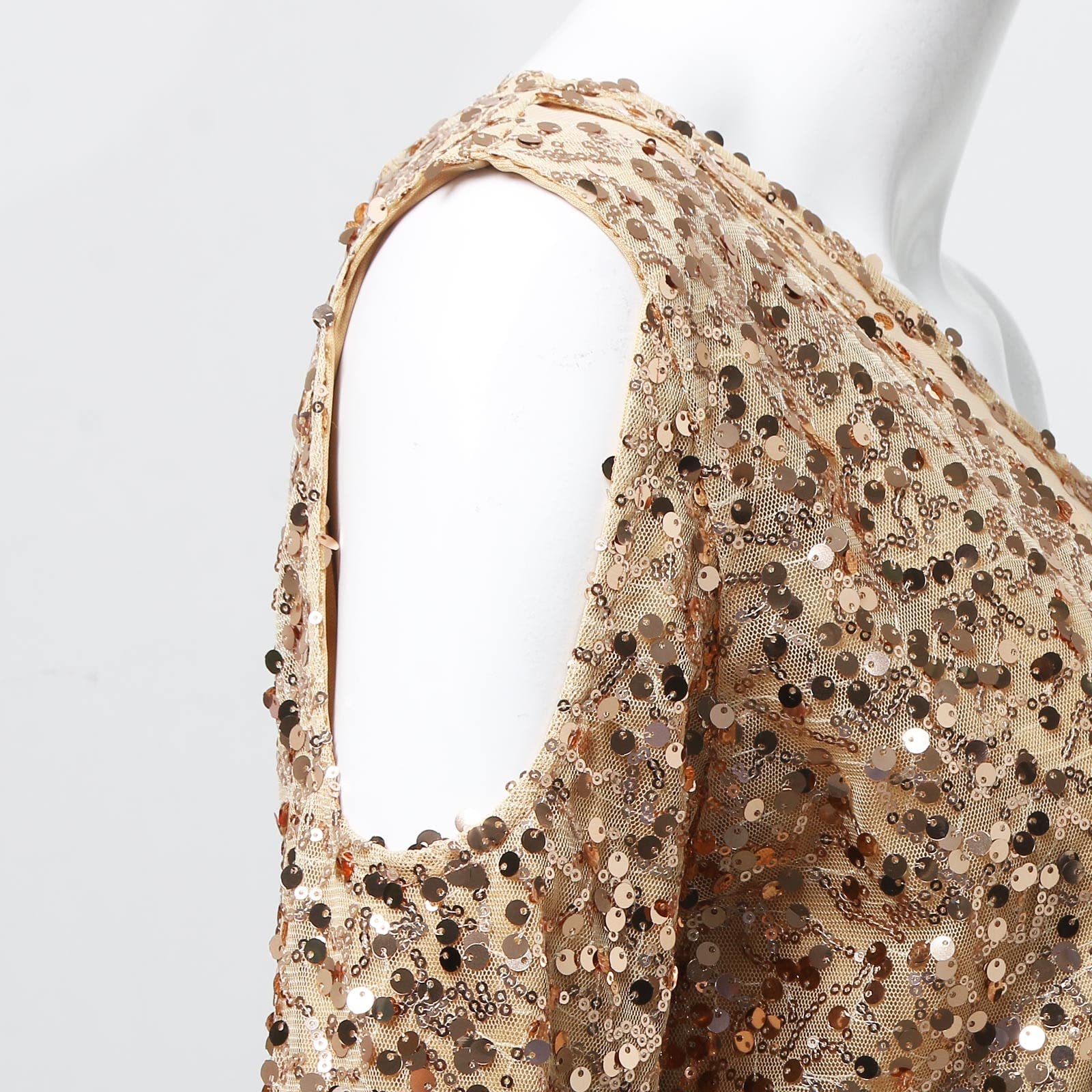 Abito da sera da donna, in oro, con scollo a V, senza maniche, lunghezza al ginocchio, con paillettes, elegante, vintage, per feste, cocktail, da donna, per feste