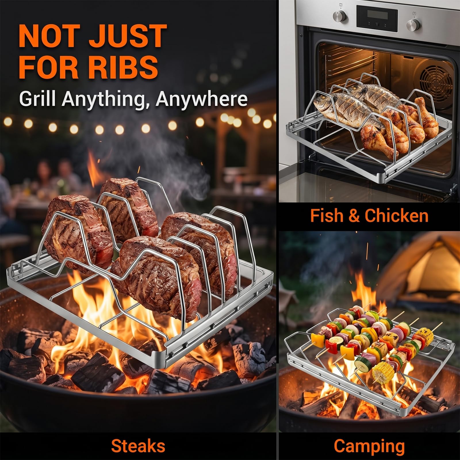 Stojak żeberkowy do grilla, uchwyt żeberkowy ze stali nierdzewnej do grillowania i wędzarni, akcesoria do grilla gazowego, grill węglowy, kuchnia na świeżym powietrzu i grill