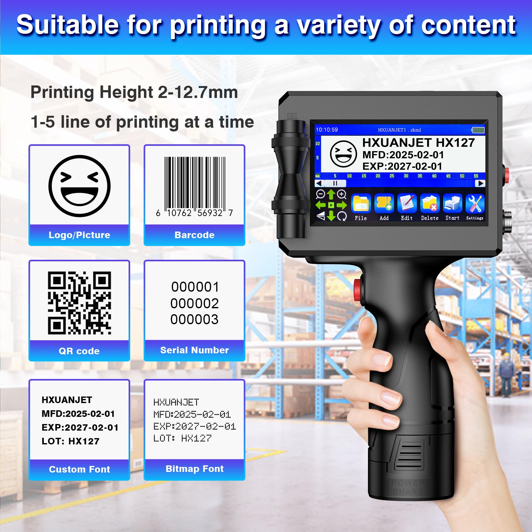 Imprimante à Jet d'encre Portable HX127 pour Code QR, Code-Barres, Date, Logo, Texte