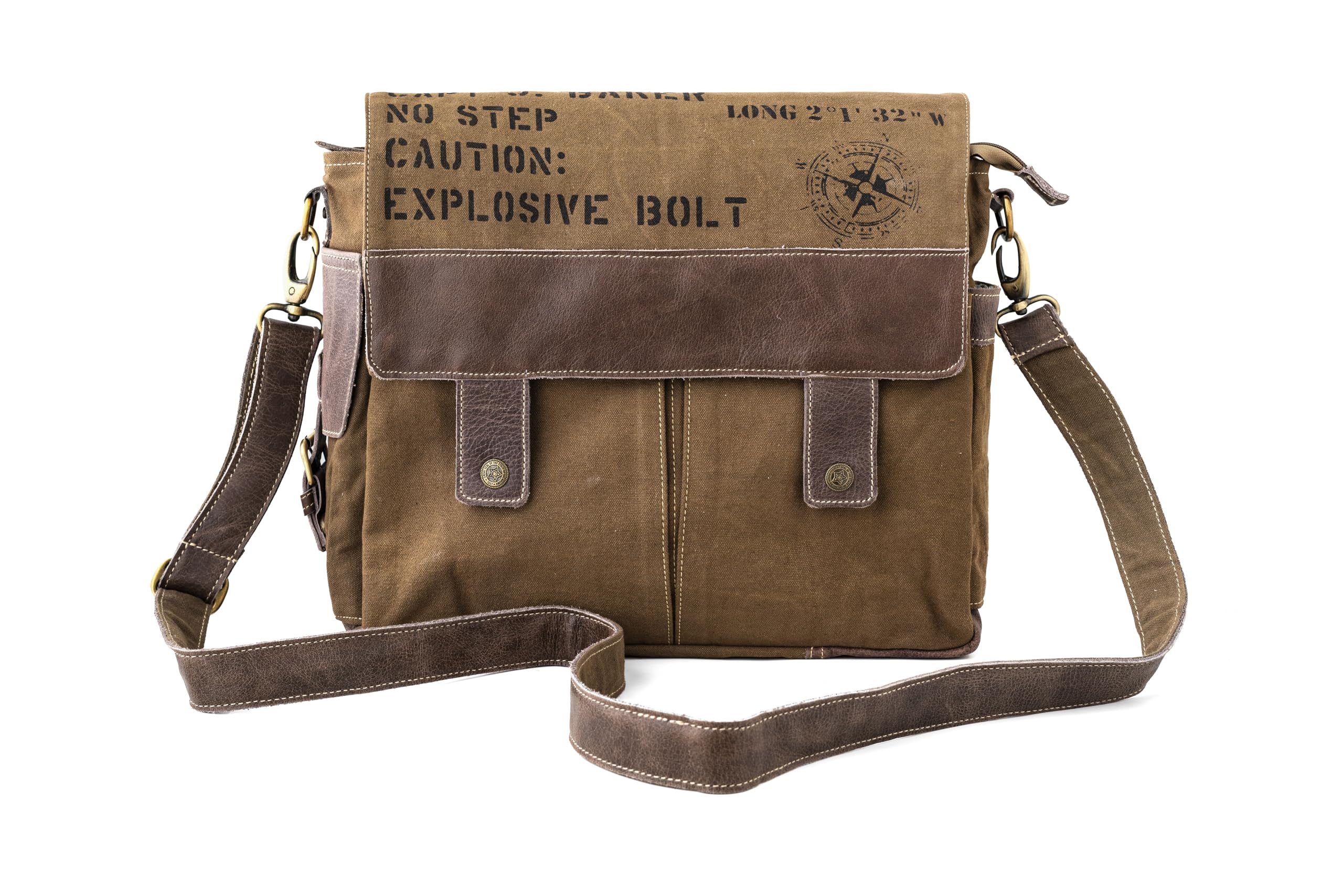 3B-Upcycled Vintage Military Leather Canvas Shoulder Bag Laptop Messenger Bags Medium Crossbody Purse, Boho Bag with 2 Straps