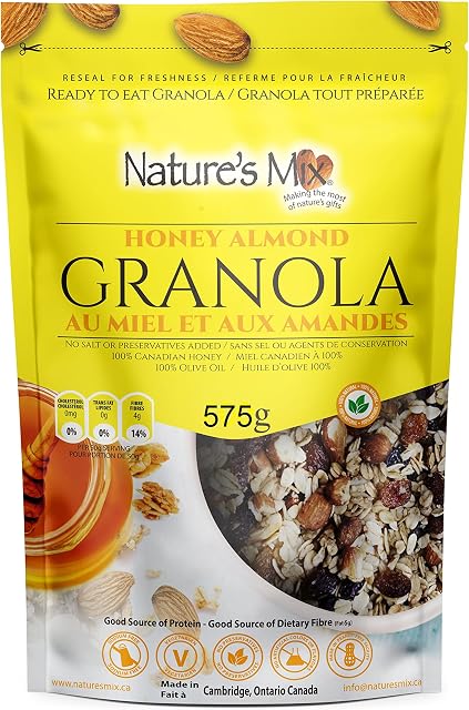 Fabriqué au Canada - Granola Miel Amande Nature's Mix, 575 g Fabriqué avec du Miel Local, des Flocons d'Avoine Locaux et de l'Huile d'Olive.