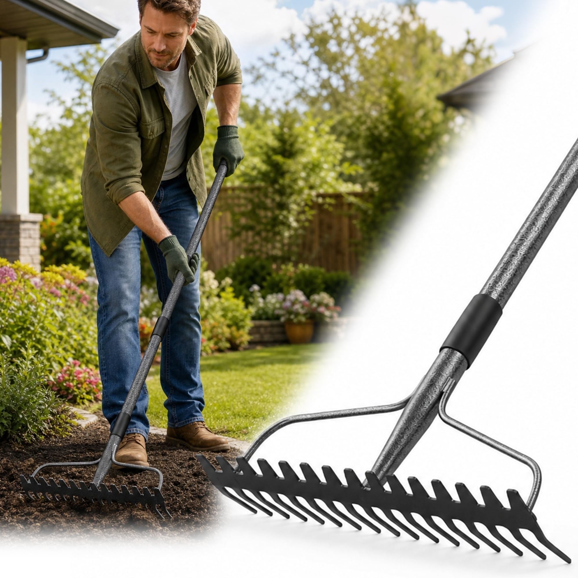 Bow Rake, Metal Rake with 17 Tines, Heavy Duty Garden Rake 124 cm with Stainless Steel Handle, Grey