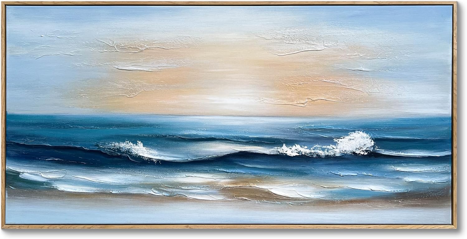 Eonzeun 20x40 Framed Hand Painted Canvas Ocean Seascape Oil Painting