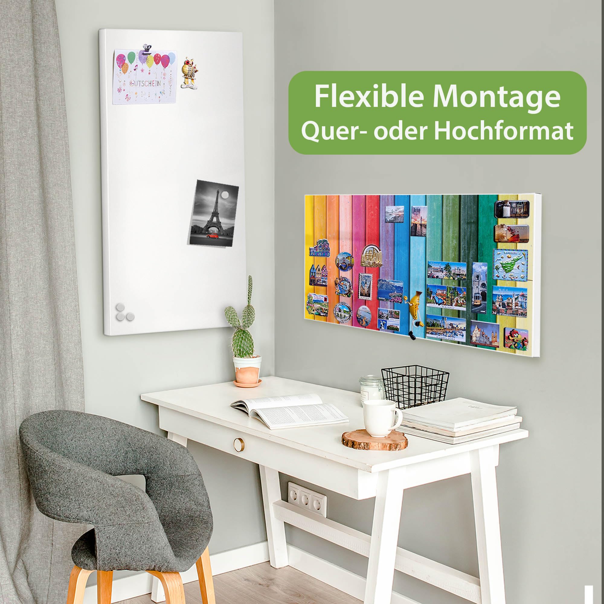 banjado Magnettafel Metall 78 x 37cm - beschreibbare Magnettafel - Metall Pinnwand als Memoboard - Magnetwand Küche, Büro, Kinderzimmer Weiß inkl. 4 Magnete & Montageset - Motiv Regenbogenfarben