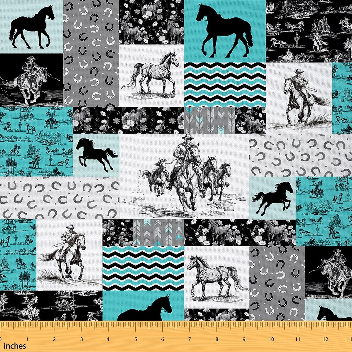 Feelyou Horse Fabric by The Yard 3 Yards Kids Western Horse Decorative Waterproof Outdoor Fabric Cowboy Print Upholstery Fabric for Chairs Farmhouse Plaids Patchwork Black Blue Outdoor Fabric