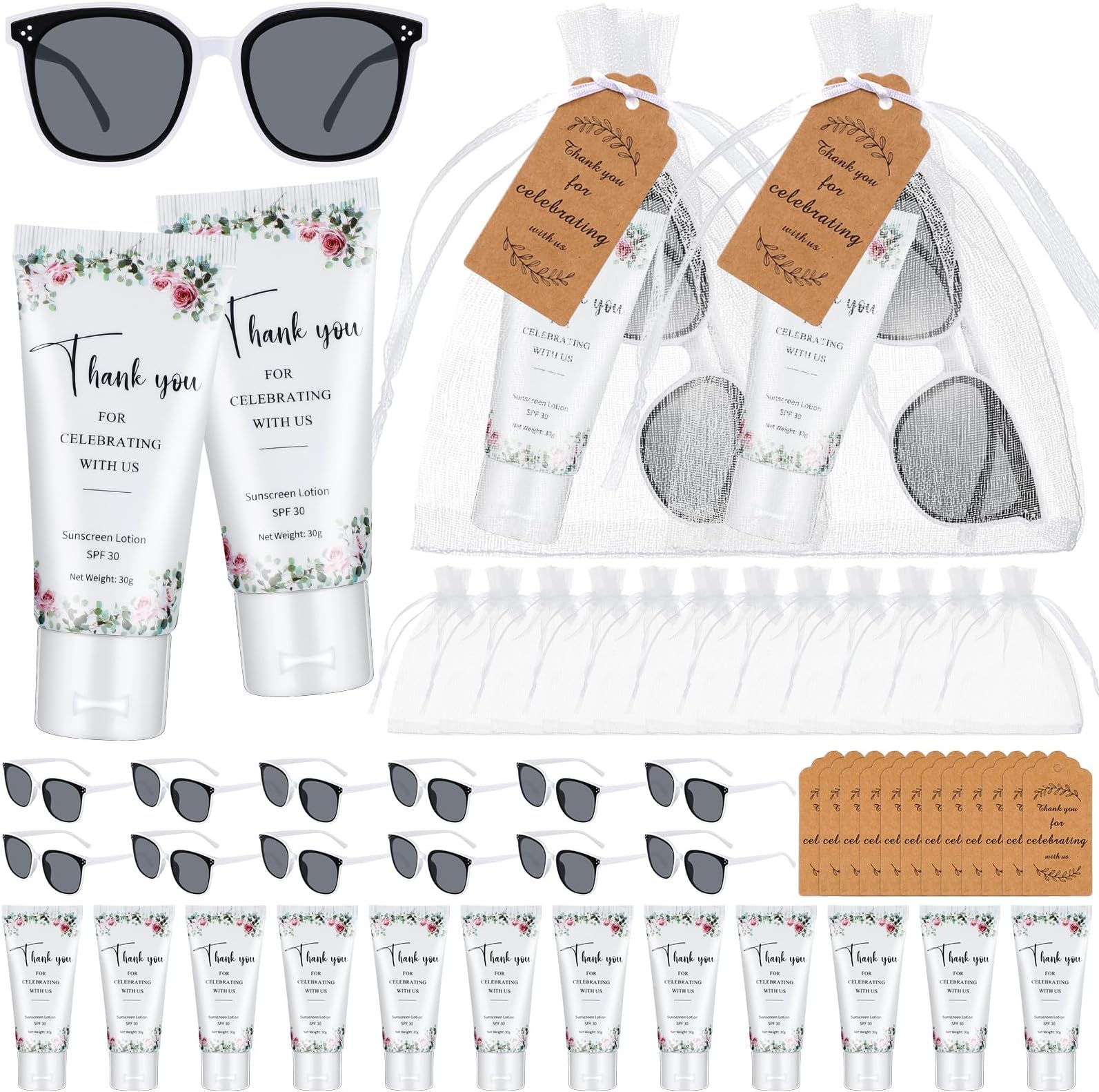 12 Sets Mini Sunscreen and Sunglasses Bulk for Wedding Party Spf30 Water Resistant Sunscreen Lotion Bulk 1oz Travel Size for Thank You Gifts Wedding Party Supplies (Floral)